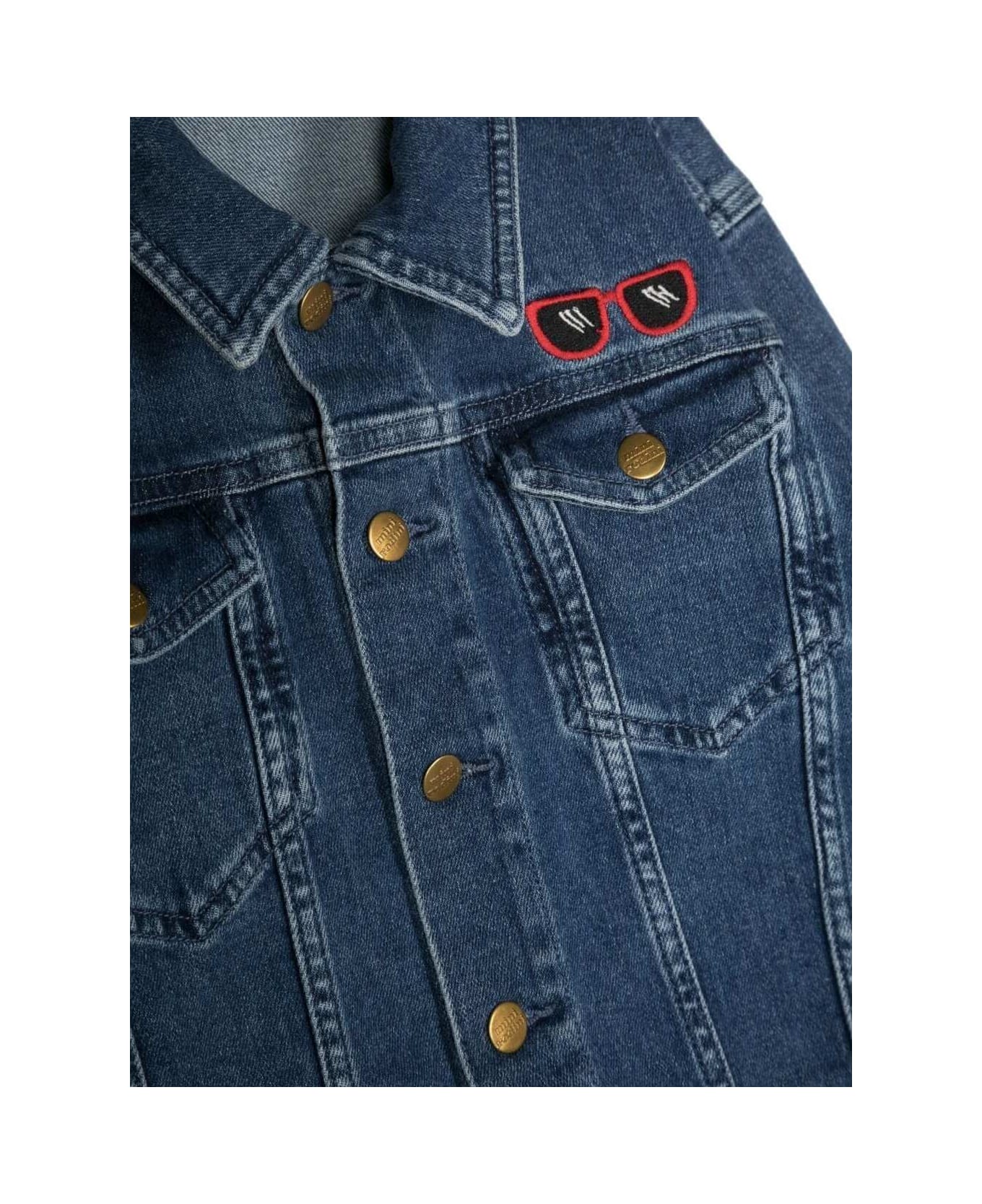 Mini Rodini 'ritzratz' Blue Jacket With Sunglasses And Mice Embroidery In Stretch Cotton Denim Boy - Blu コート＆ジャケット