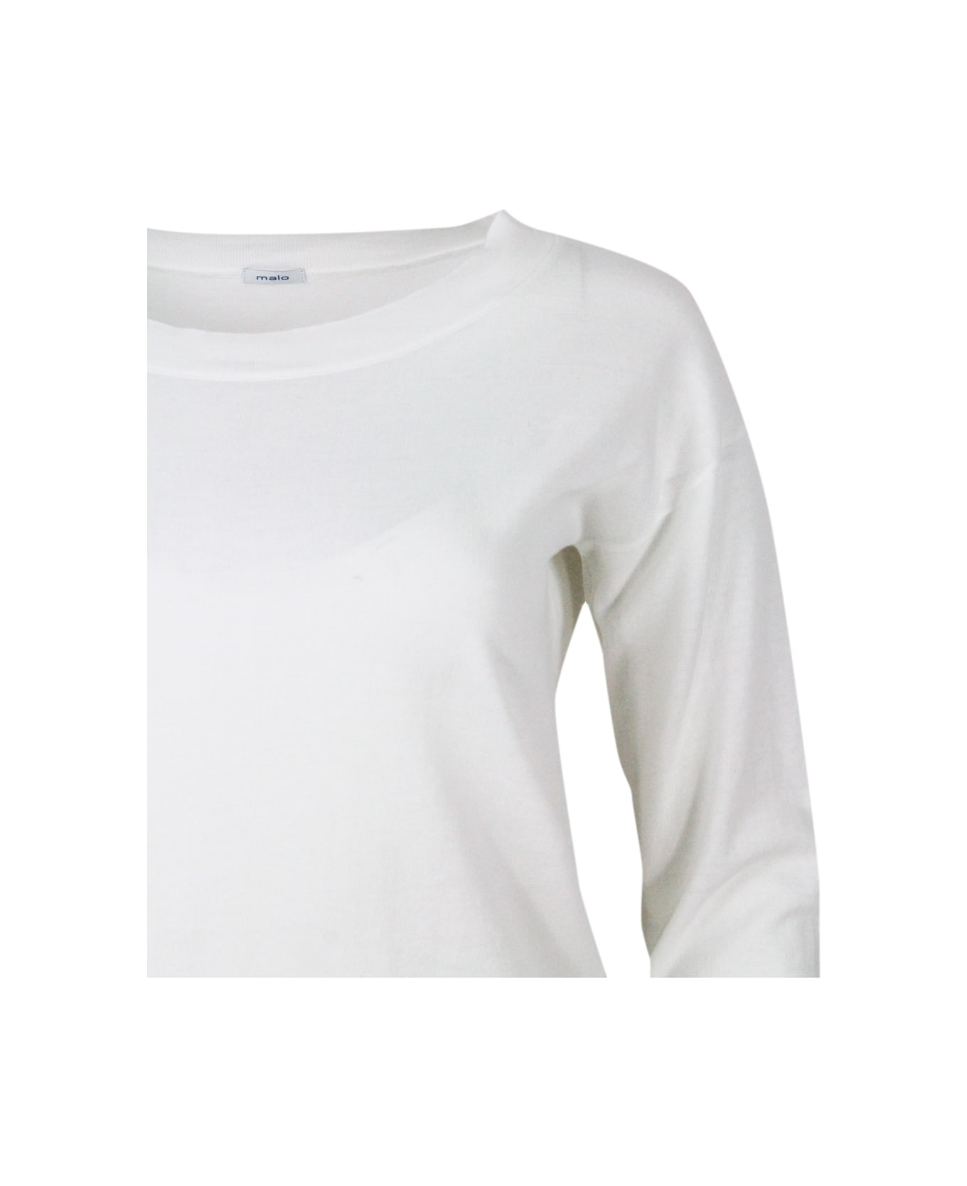 Malo Crew-neck, Long-sleeved Shirt In Cotton Thread With Buttons On The Shoulder - White
