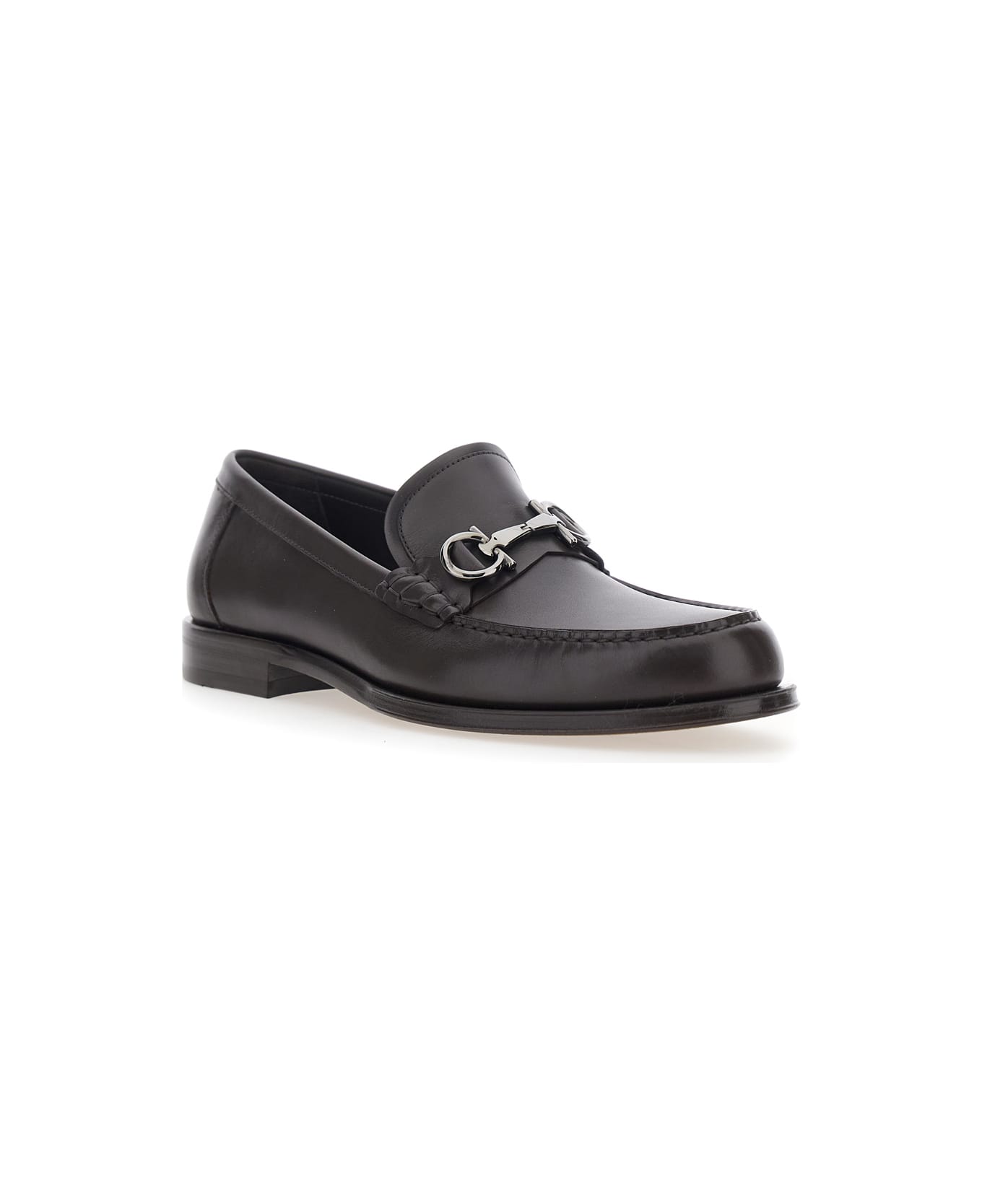 Ferragamo Brown Loafers With Metallic Gancini Detail On The Front In Leather Man - Brown
