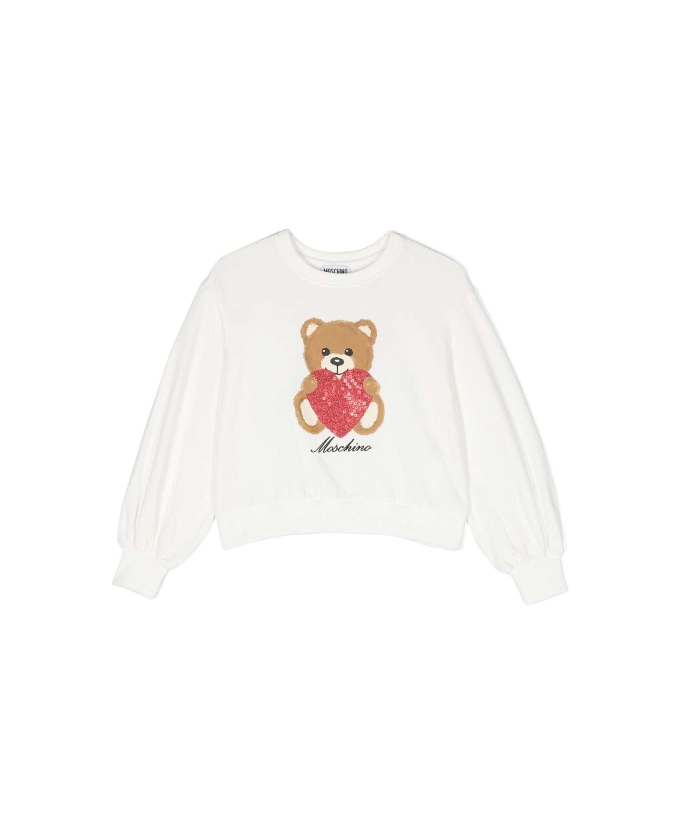 Moschino White Sweatshirt With Pailletes Print And Embroidered Logo At The Front In Cotton Girl - Cloud