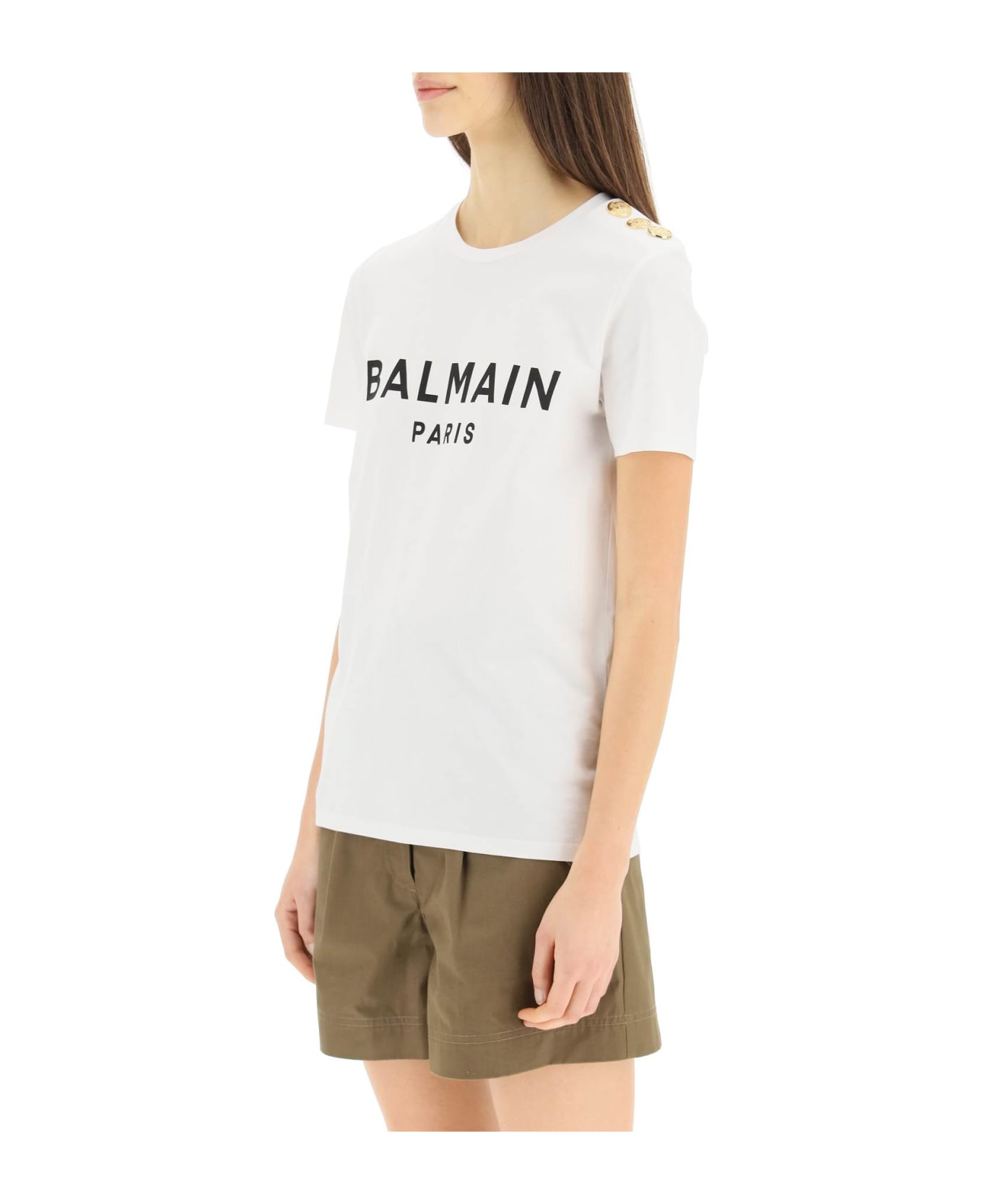 Balmain Logo T-shirt With Embossed Buttons - Gab Blanc Noir