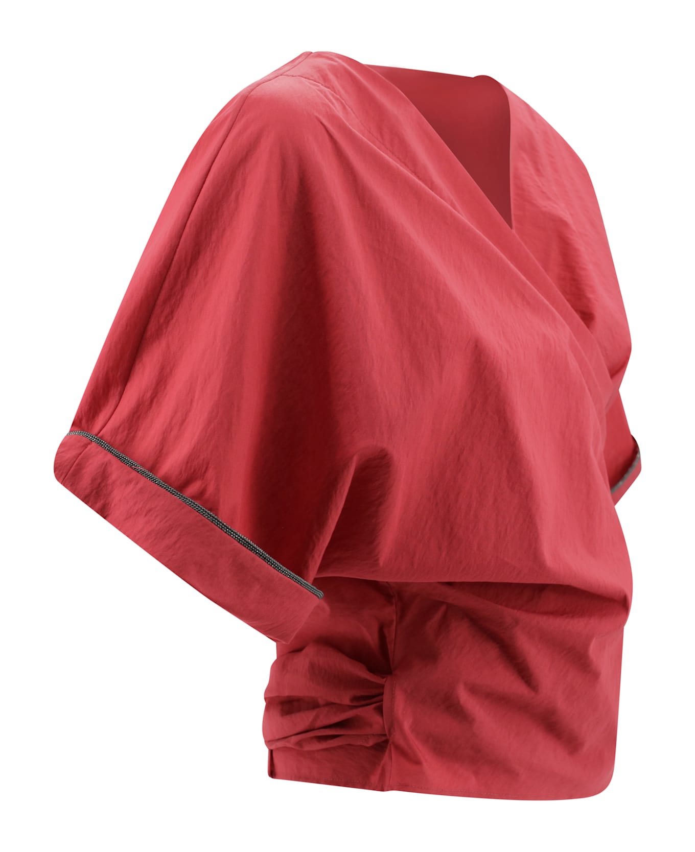Brunello Cucinelli Red Shirt With V-neck And Monili Detail In Cotton Woman - Red ワンピース＆ドレス