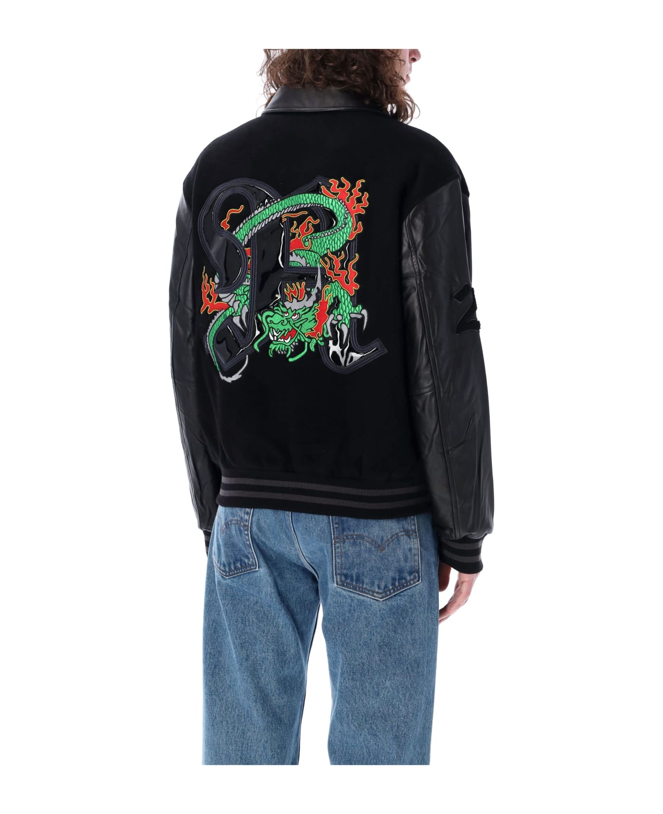 Awake NY Dragon Embroidered Varsity Jacket - BLACK