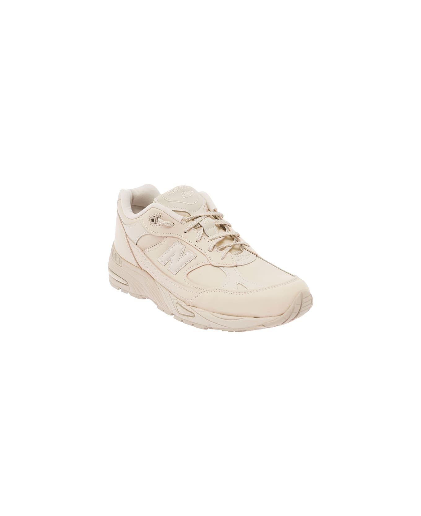New Balance '991' Beige Panelled Sneakers With Logo Patch In Leather And Fabric Man - White
