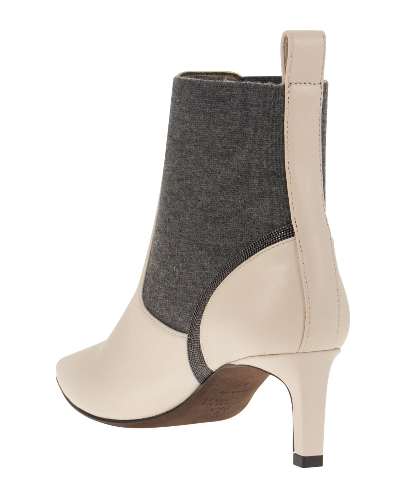 Brunello Cucinelli Leather Heeled Ankle Boots With Shiny Contour - Ivory/grey