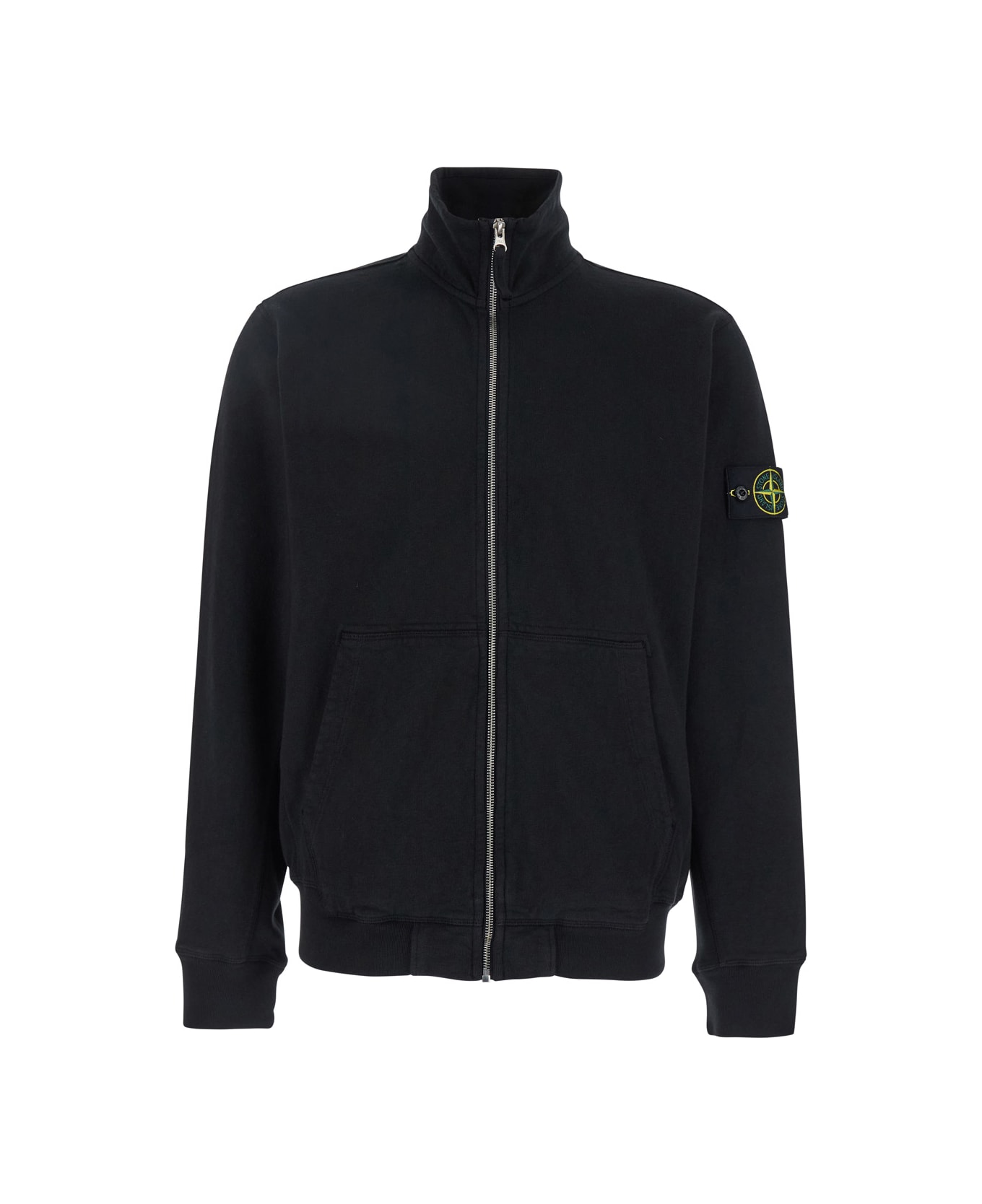 Stone Island Black Sweatshirt With Removable Compass Logo Applied On The Sleeve In Cotton Man - Black