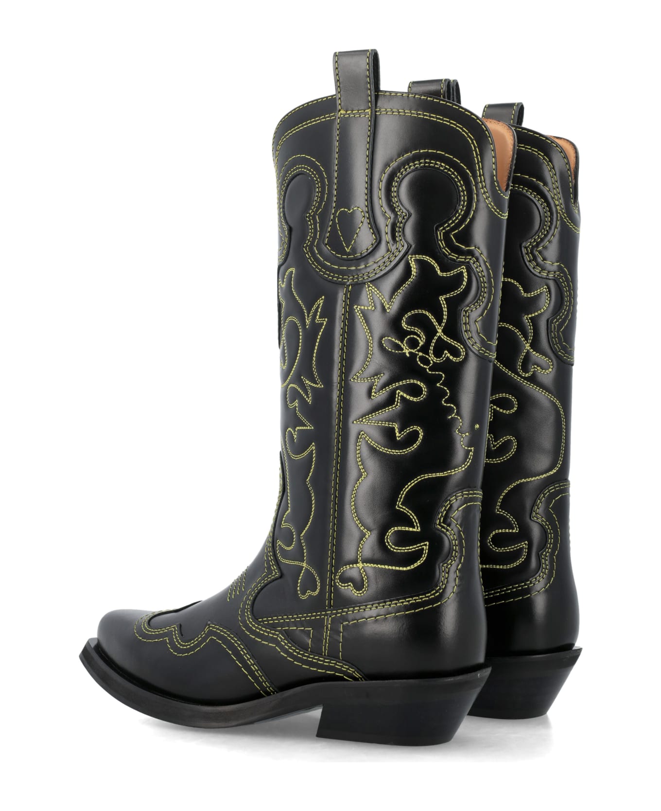 Ganni Mid Shaft Embroidered Western Boots - BLACK ブーツ