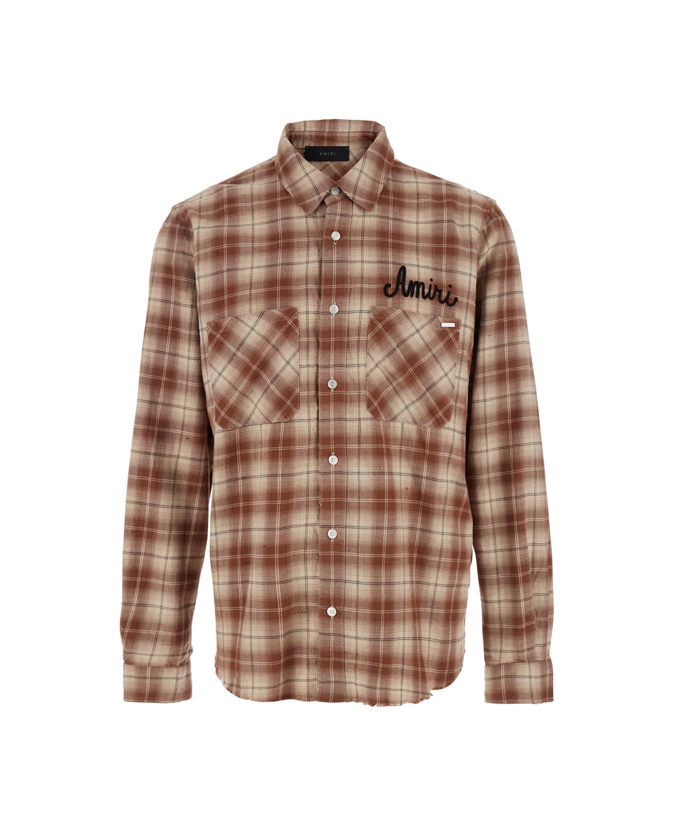 AMIRI 'shotgun' Beige Shirt With Logo Print On Front And Rear And All-over Check Motif In Cotton Man - Beige