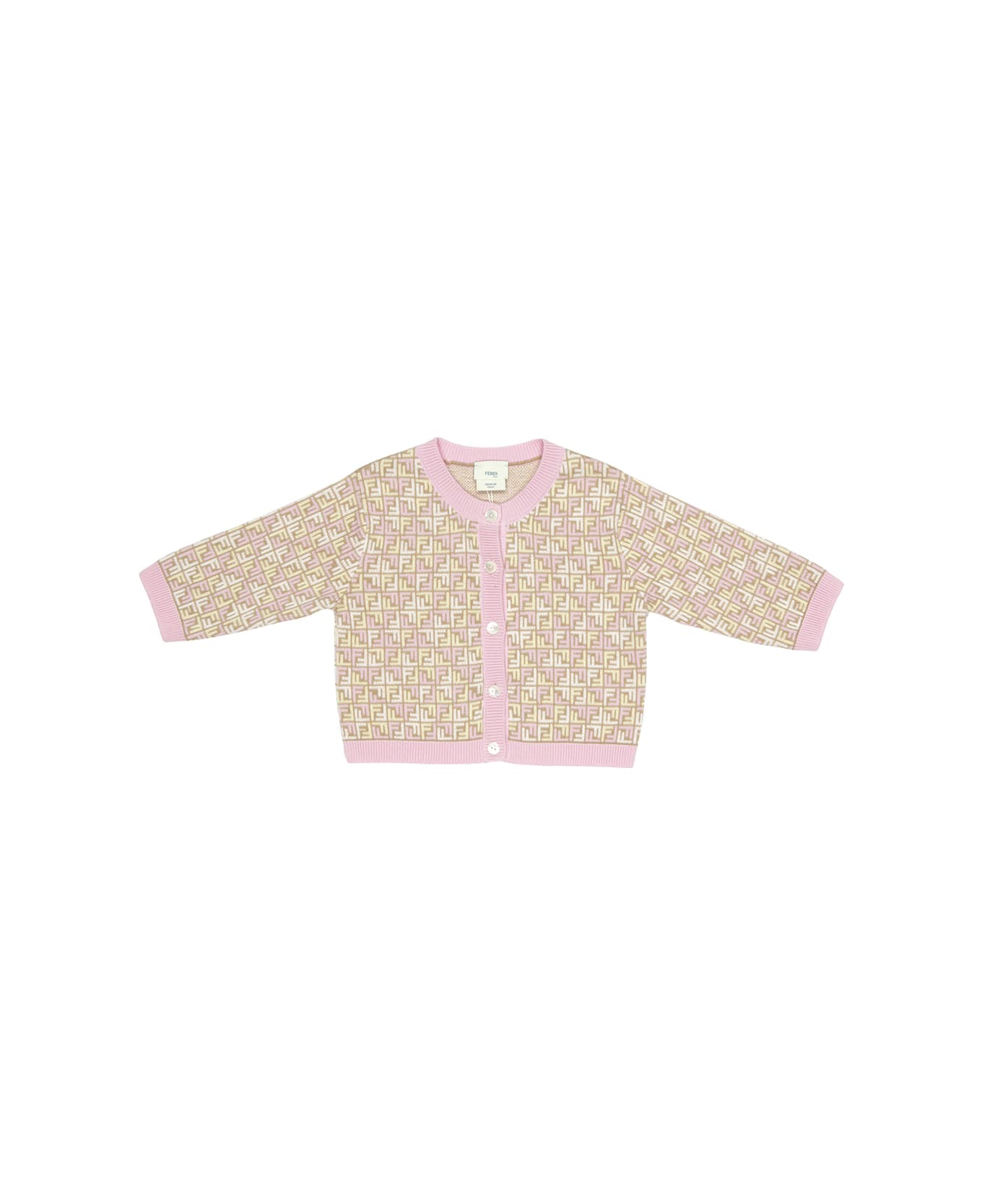 Fendi Beige And Pink Cardigan With Monogram Motif - MultiColour