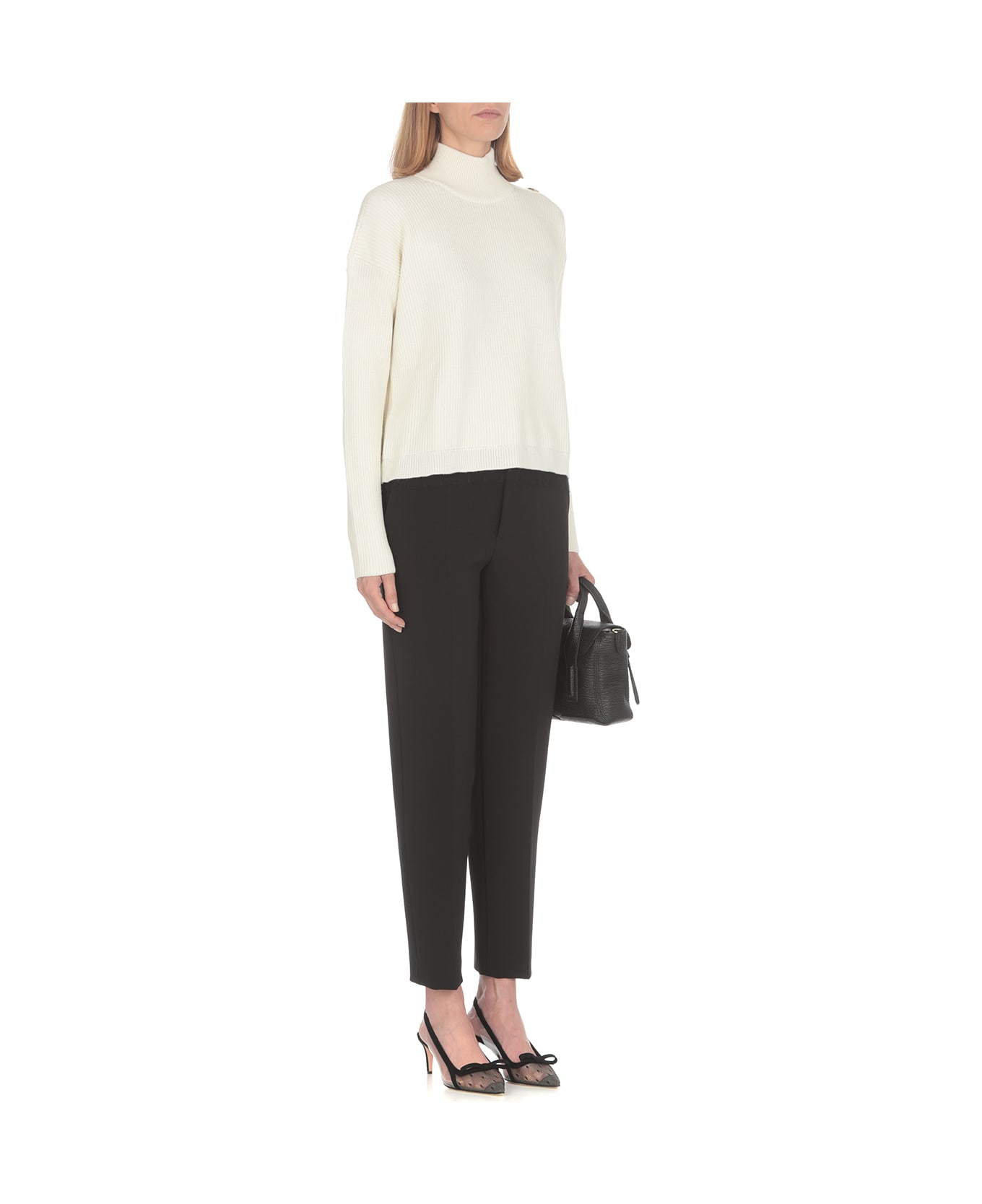 RED Valentino White Sweater With Buttons And Tulle Point D'esprit - White