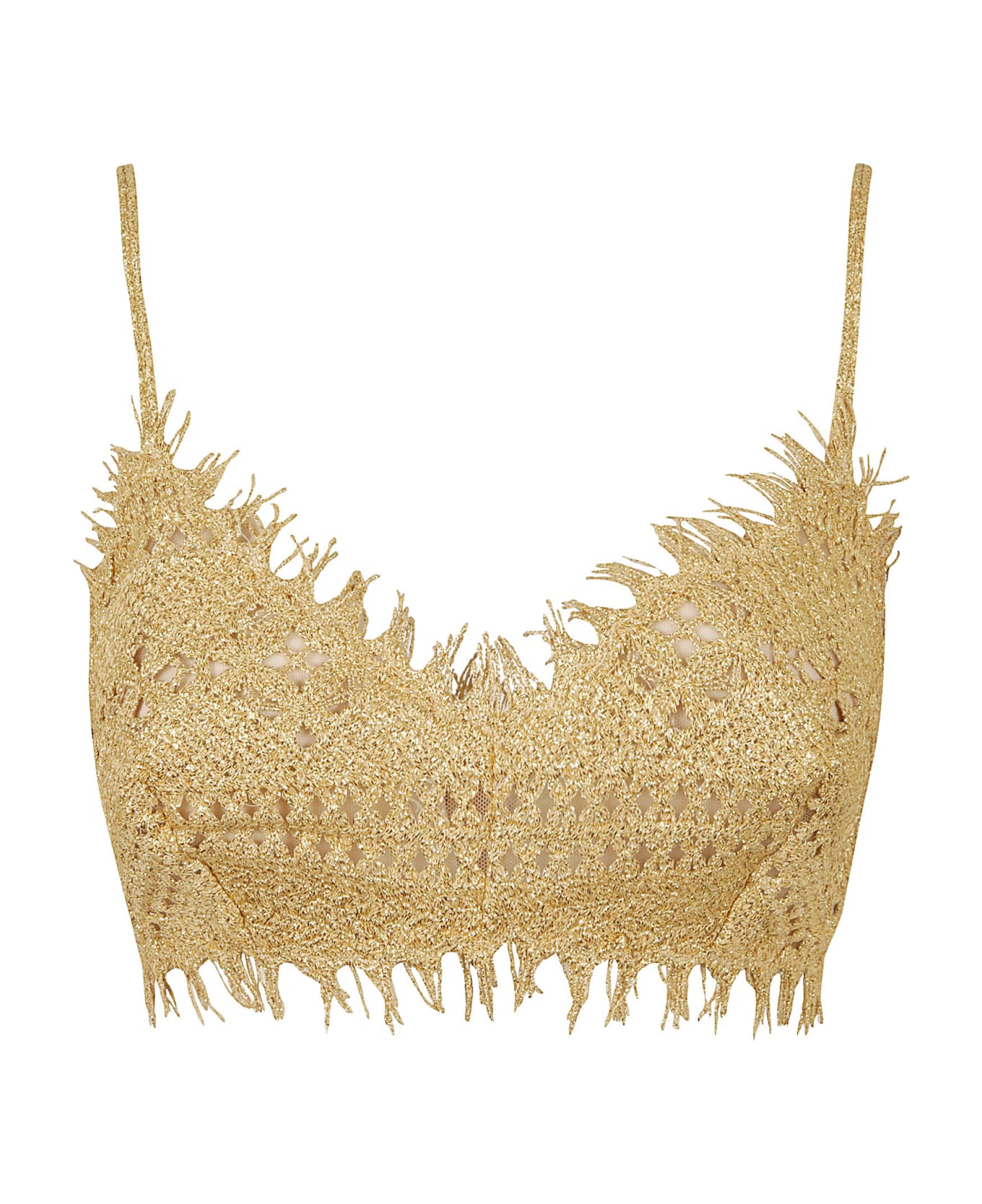 Ermanno Scervino Fringe Trim Perforated Woven Top - Pale Gold