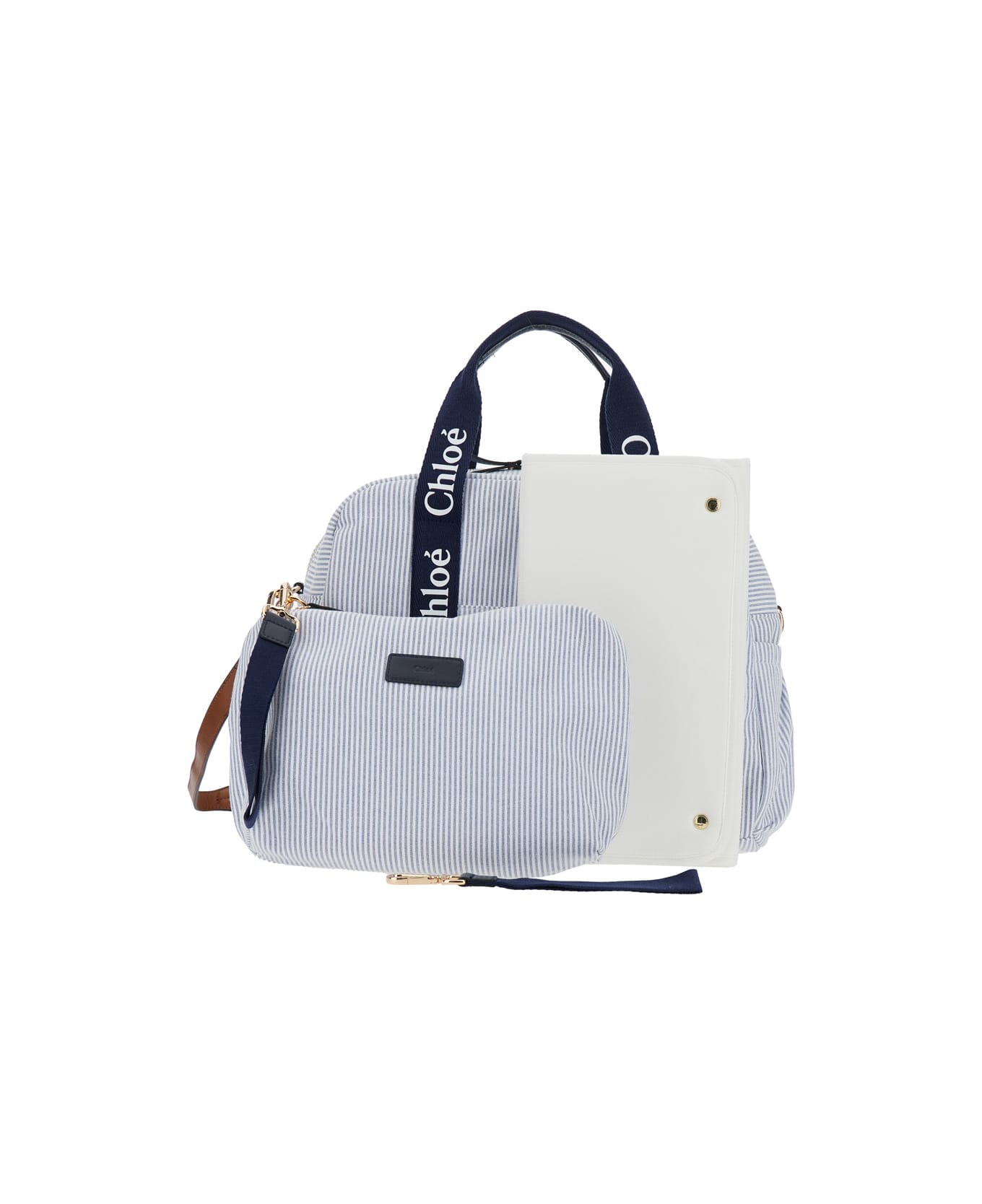 Chloé Light Blue Crossbody Diaper Bag With Logo Lettering On The Handles And All-over Striped Motif In Cotton Blend Girl - Light blue