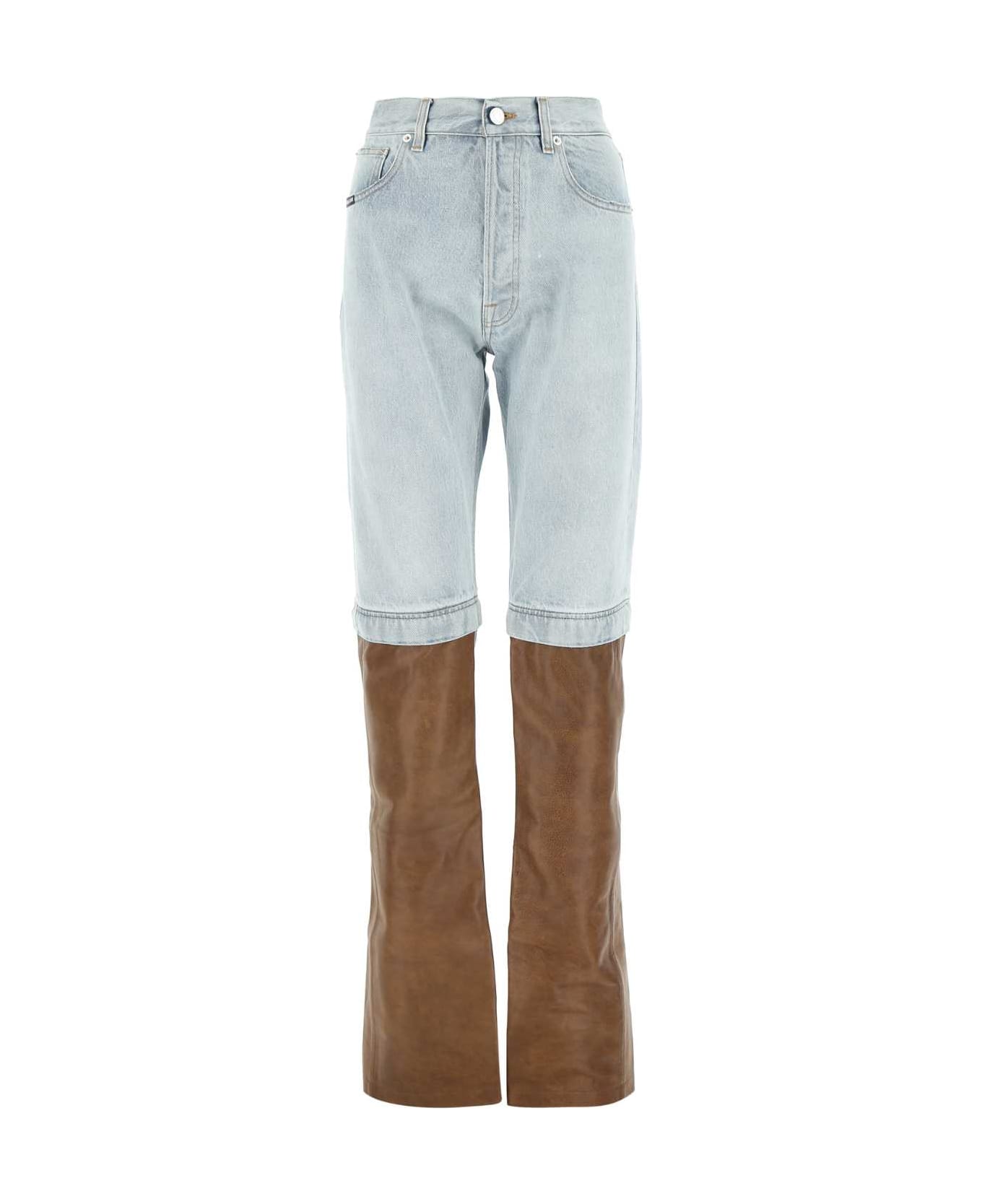 VTMNTS Two-tone Denim And Leather Jeans - BROWNLIGHTBLUE