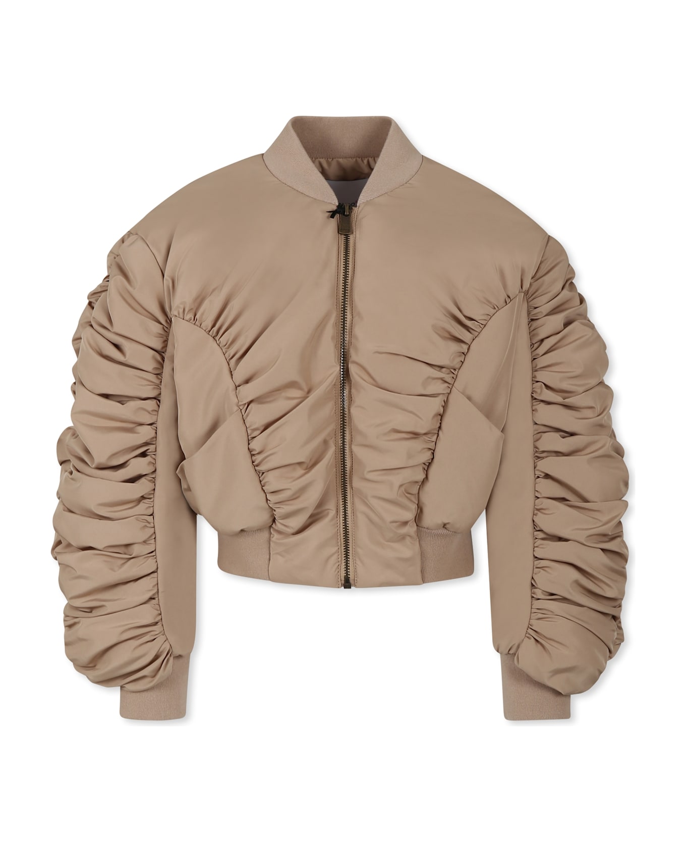 Pinko Beige Crop Bomber Jacket For Girl With Logo - Beige