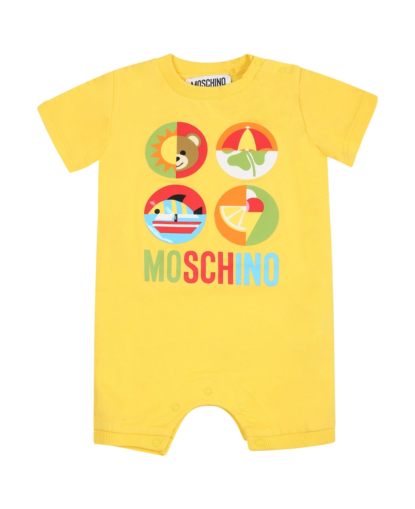 Moschino Yellow Romper For Baby Boy With Logo And Print - Yellow ボディスーツ＆セットアップ