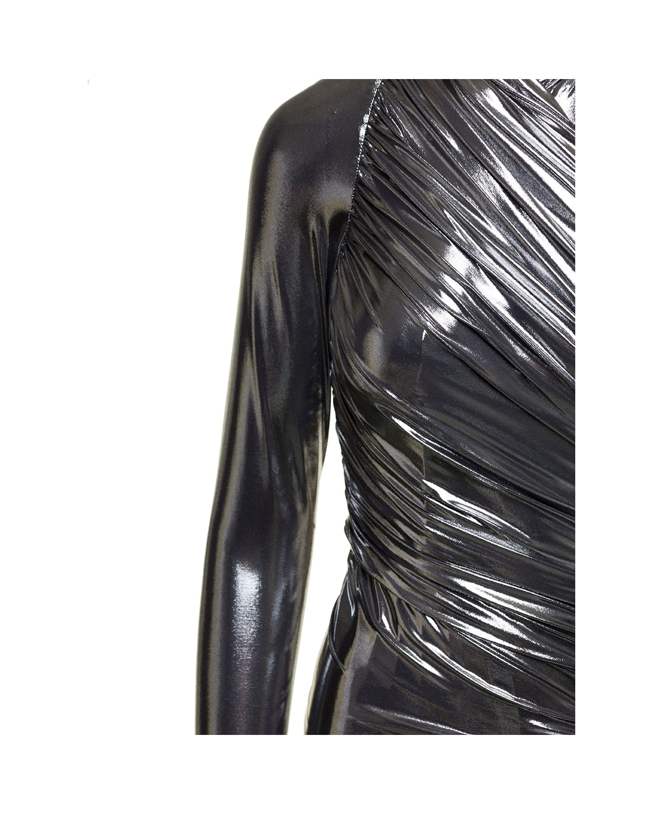 Ferragamo Mini Silver-colored Gathered Dress In Laminated Fabric Woman - Metallic