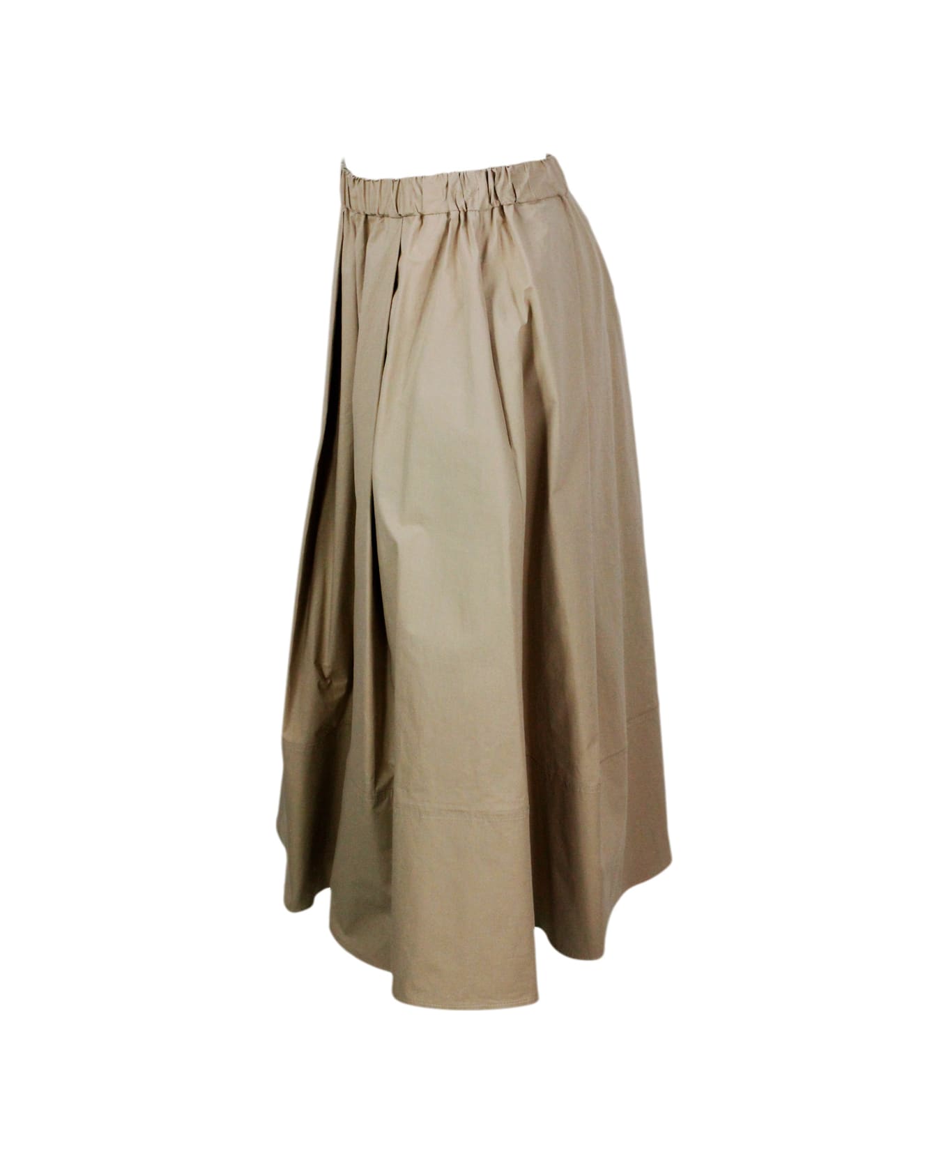 Antonelli Long Skirt With Elastic Waist And Welt Pockets With Pleats Made Of Stretch Cotton - Beige