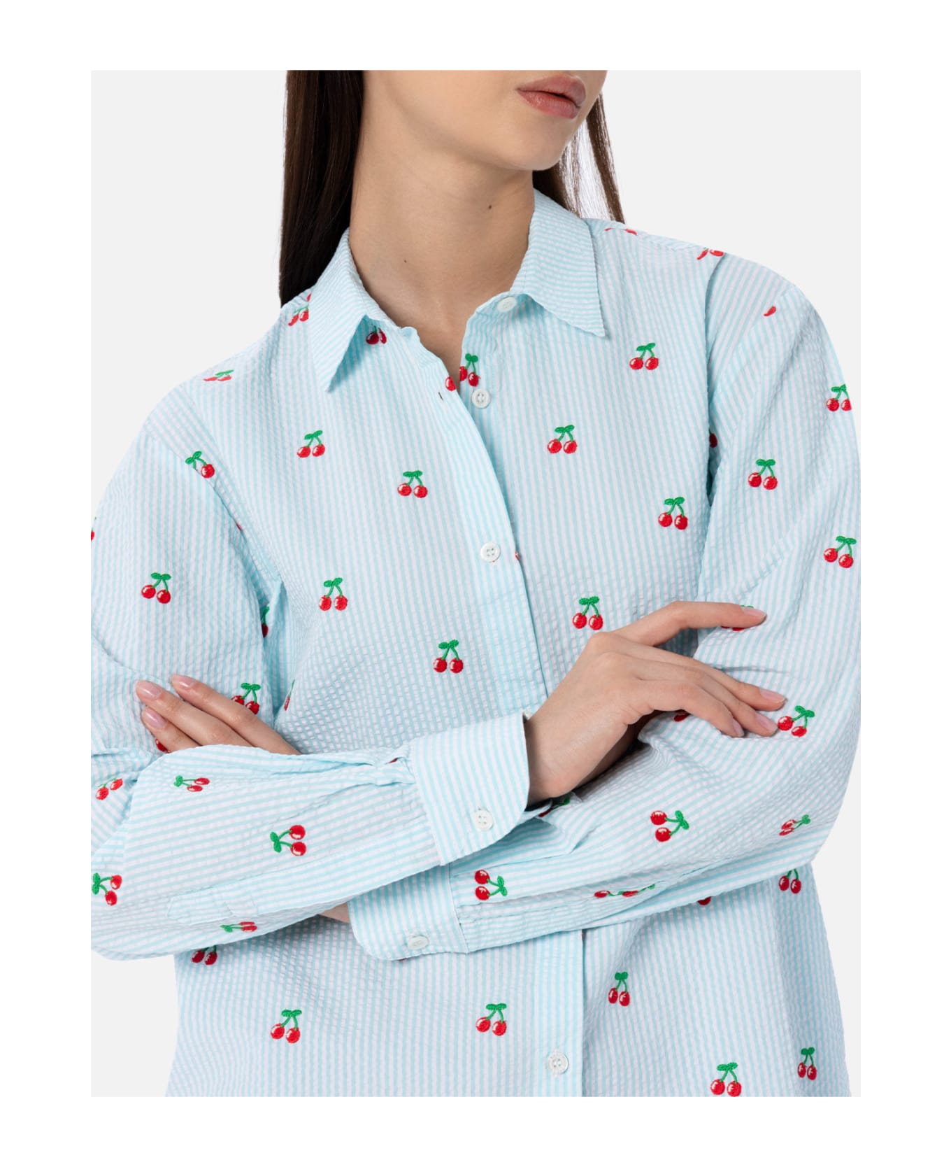 MC2 Saint Barth Woman Seersucker Cotton Shirt Brigitte With Cherry Patches - GREEN