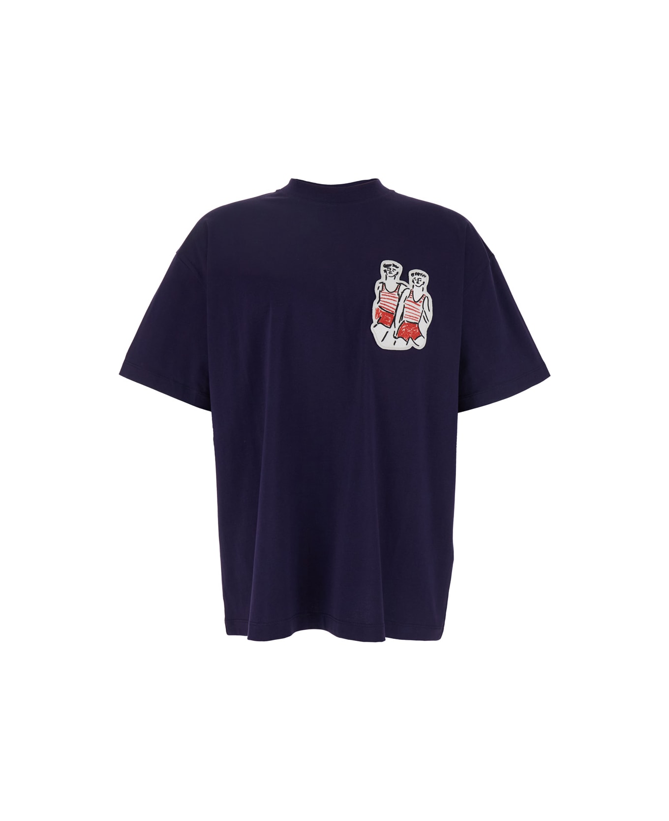 MSGM Blue Crewneck T-shirt With Patch On The Front And Logo Lettering On The Back In Cotton Man - Blu