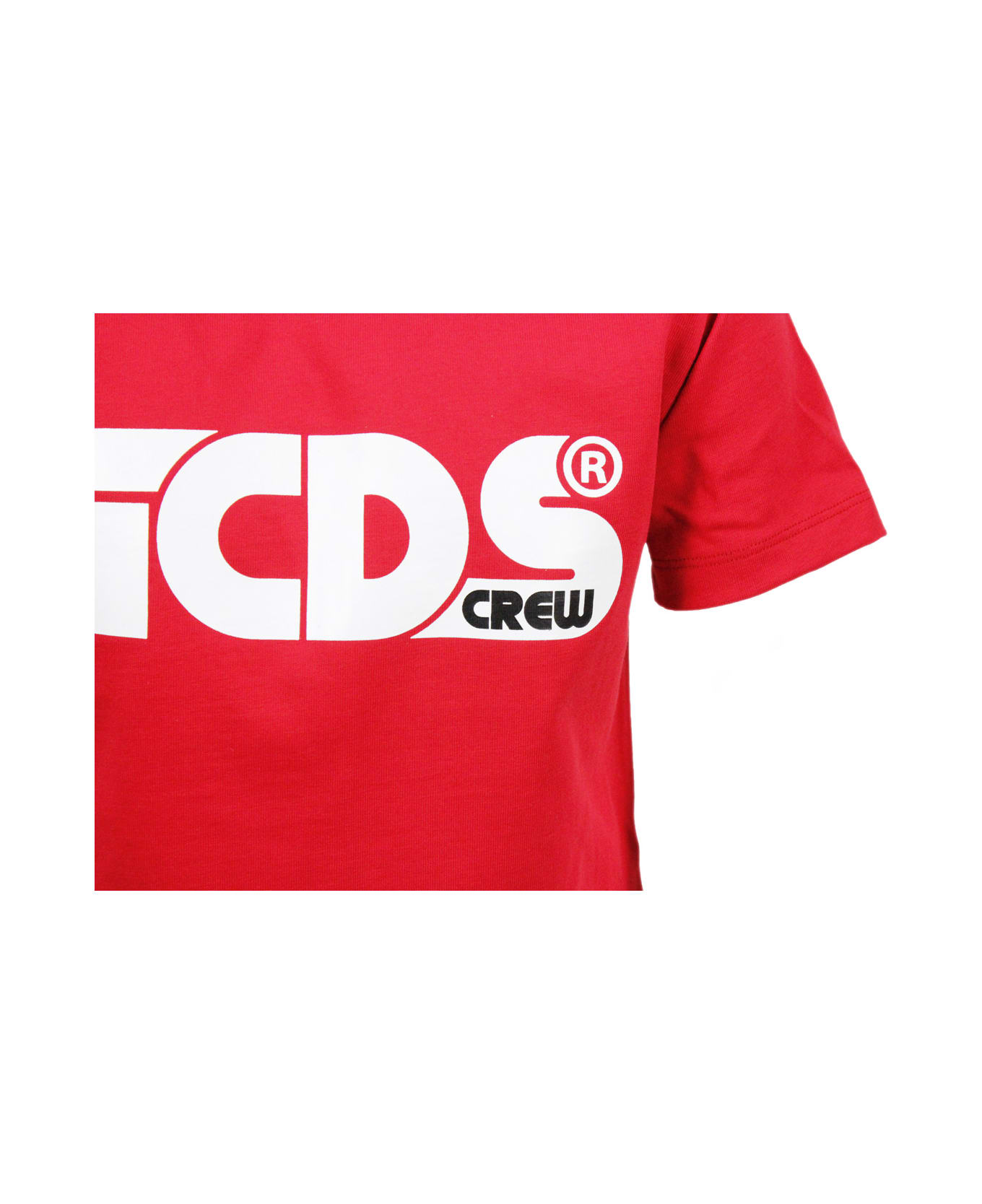 GCDS Short Sleeve Crewneck T-shirt With Logo And Fluorescent Lettering - Red