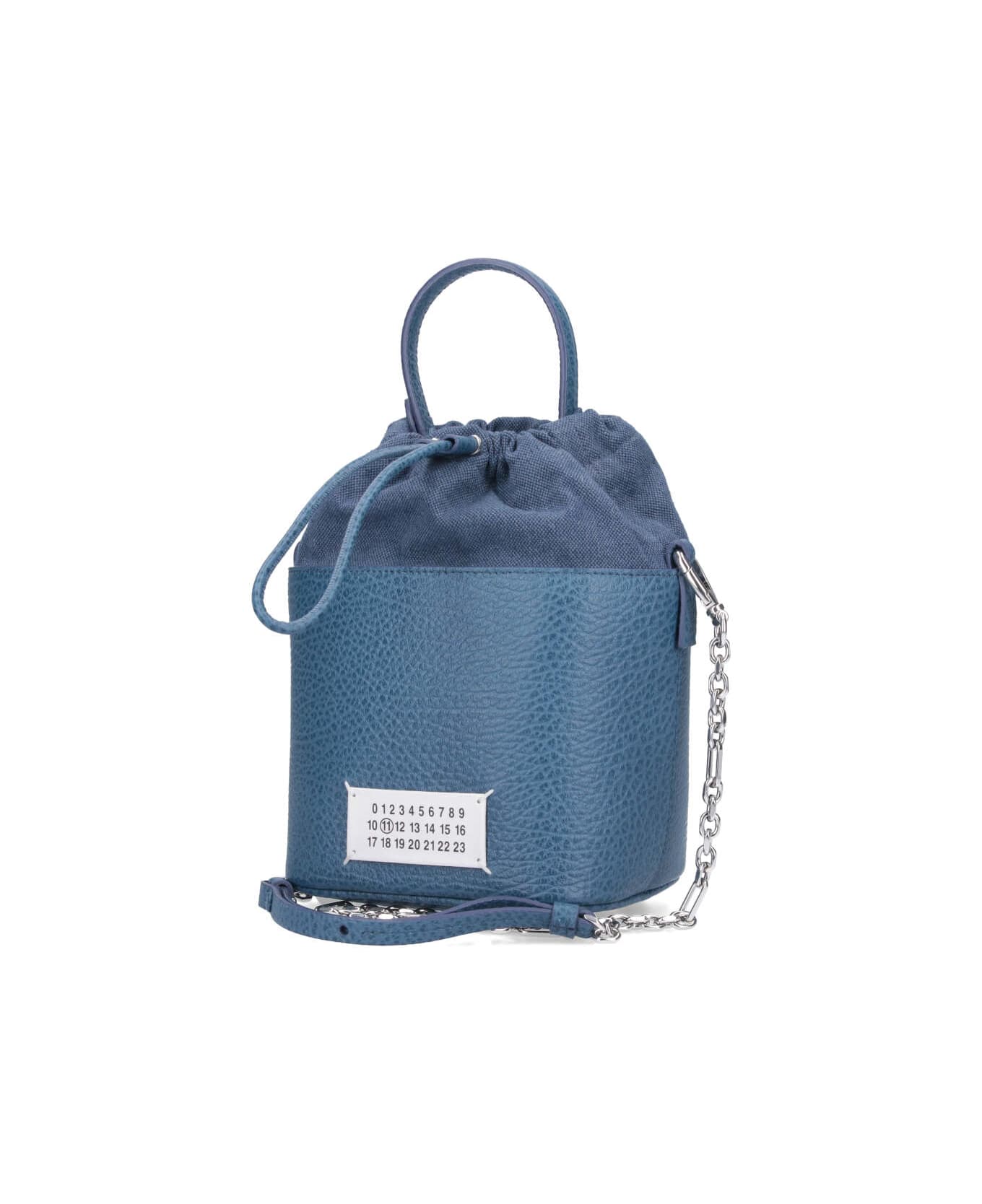 Maison Margiela '5ac' Small Blue Bucket Hat With Chain Shoulder Strap In Grained Leather And Cotton Canvas Woman Maison Margiela - Blue