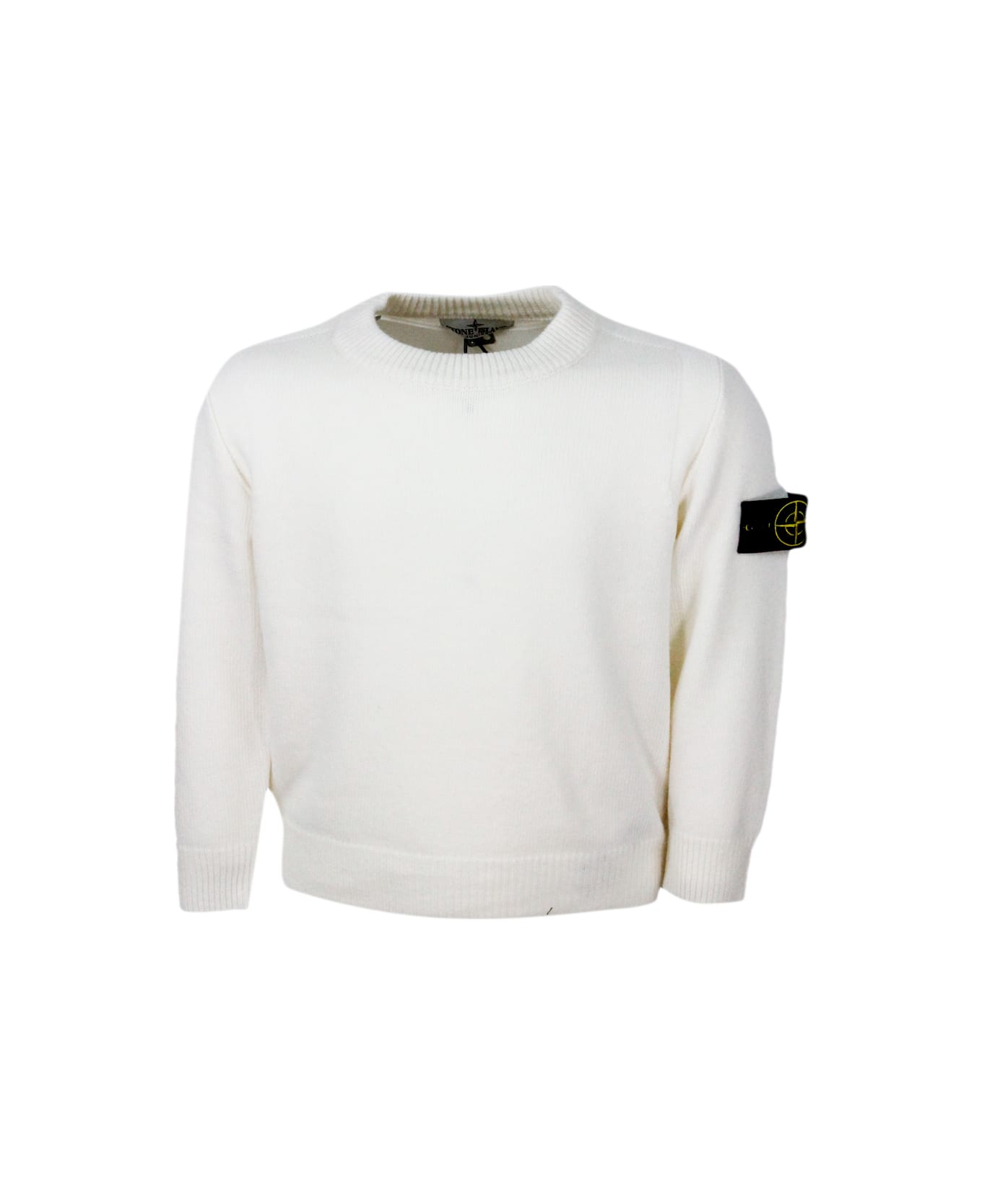 Stone Island Junior Long-sleeved Crew-neck Sweater In Wool Blend With Badge On The Left Sleeve - Ivory