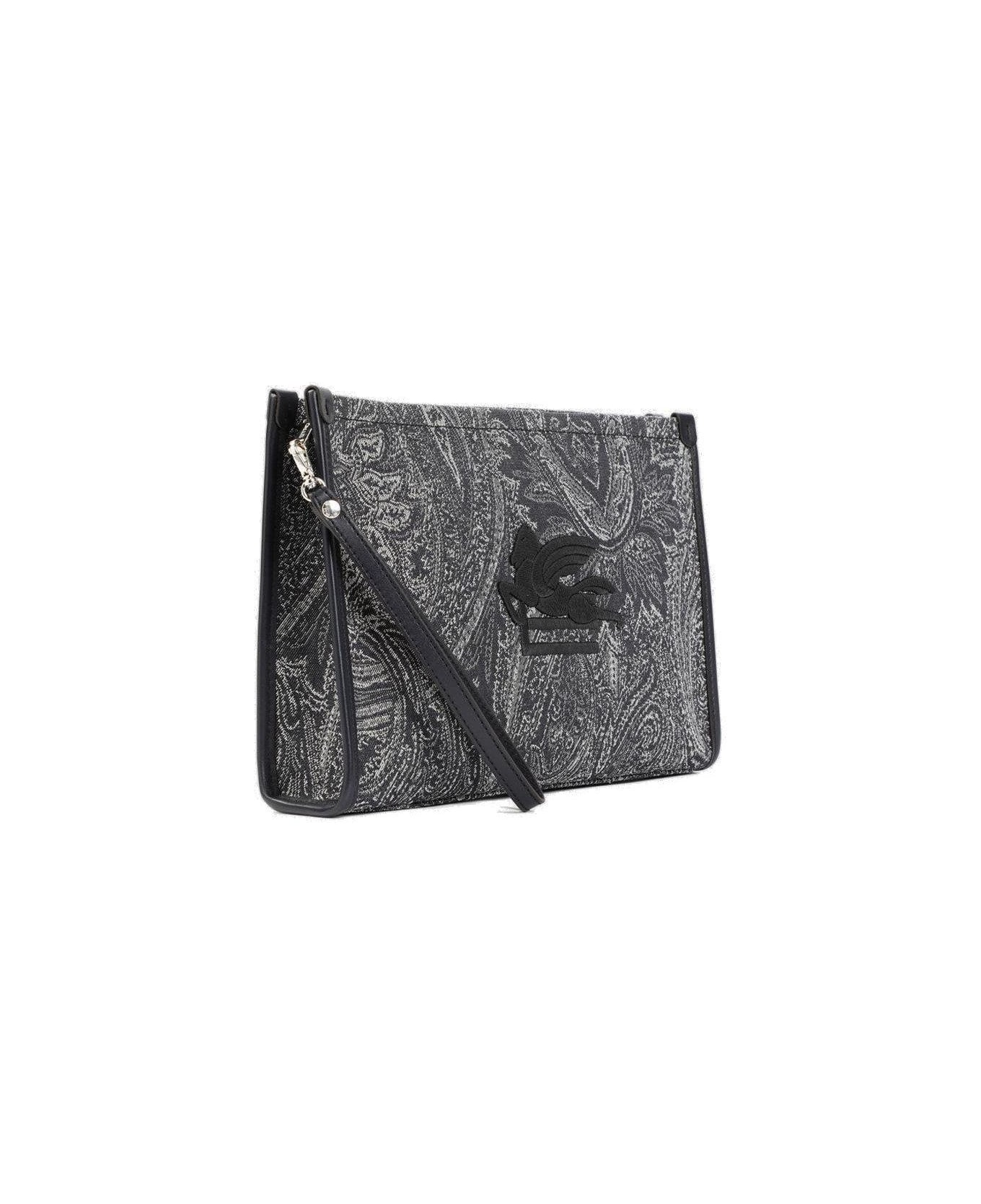 Etro Navy Blue Large Pouch With Paisley Jacquard Motif - Blue