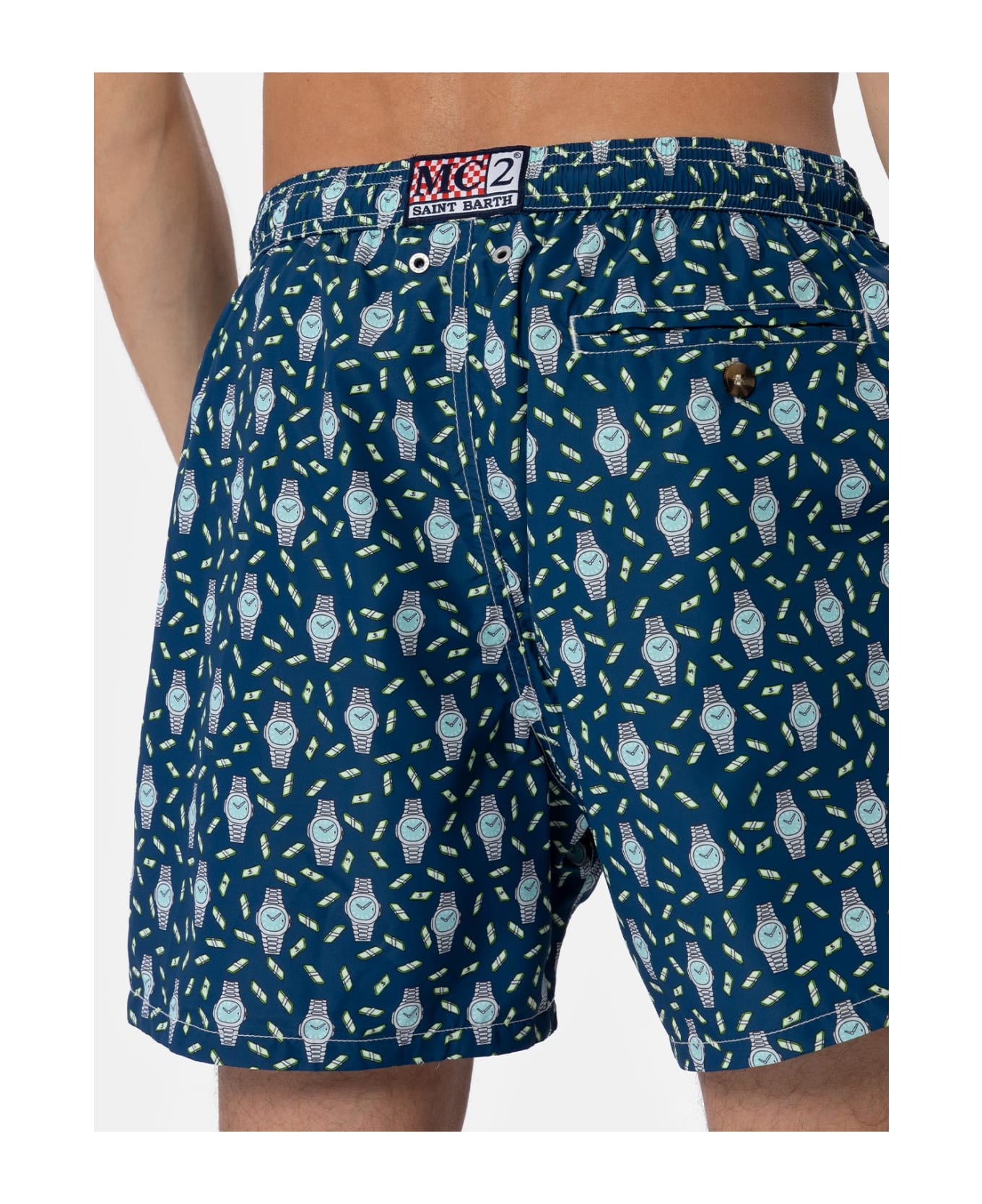 MC2 Saint Barth Man Lightweight Fabric Swim-shorts Lighting Micro Fantasy With Watches Print - BLUE NAVY
