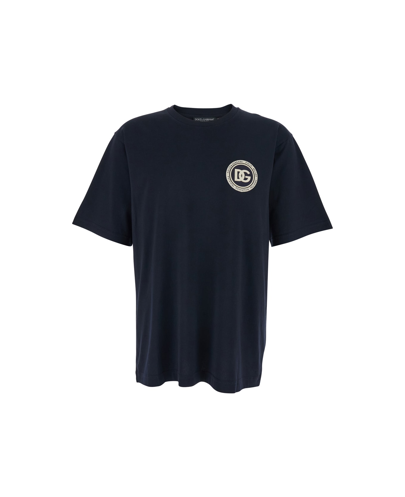 Dolce & Gabbana Blue Crewneck T-shirt With Logo Embroidery On The Front In Cotton Man - Blu