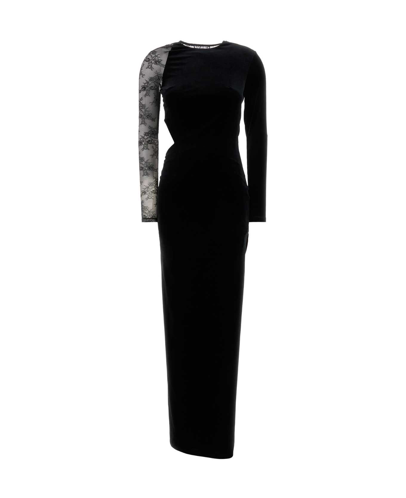 self-portrait Black Velvet Long Dress - BLACK