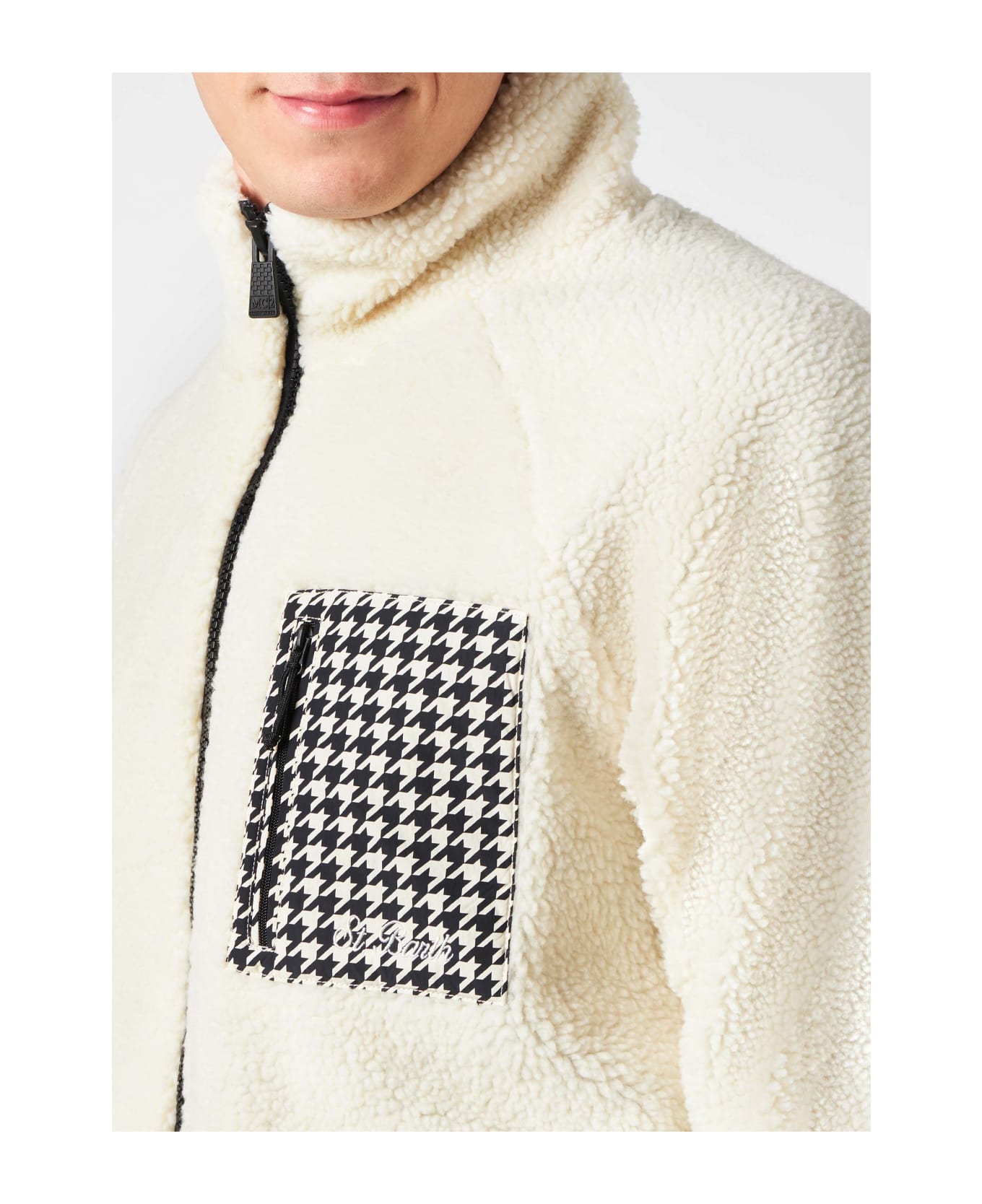 MC2 Saint Barth Man White Sherpa Jacket With Check Patch Pockets - WHITE