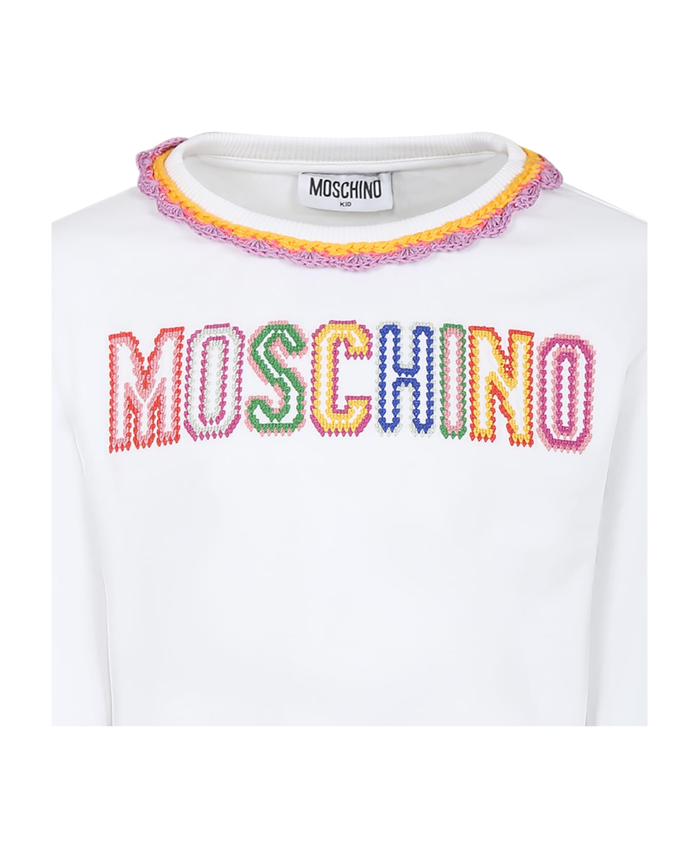 Moschino White Sweatshirt For Girl With Embroidered Logo - White ニットウェア＆スウェットシャツ