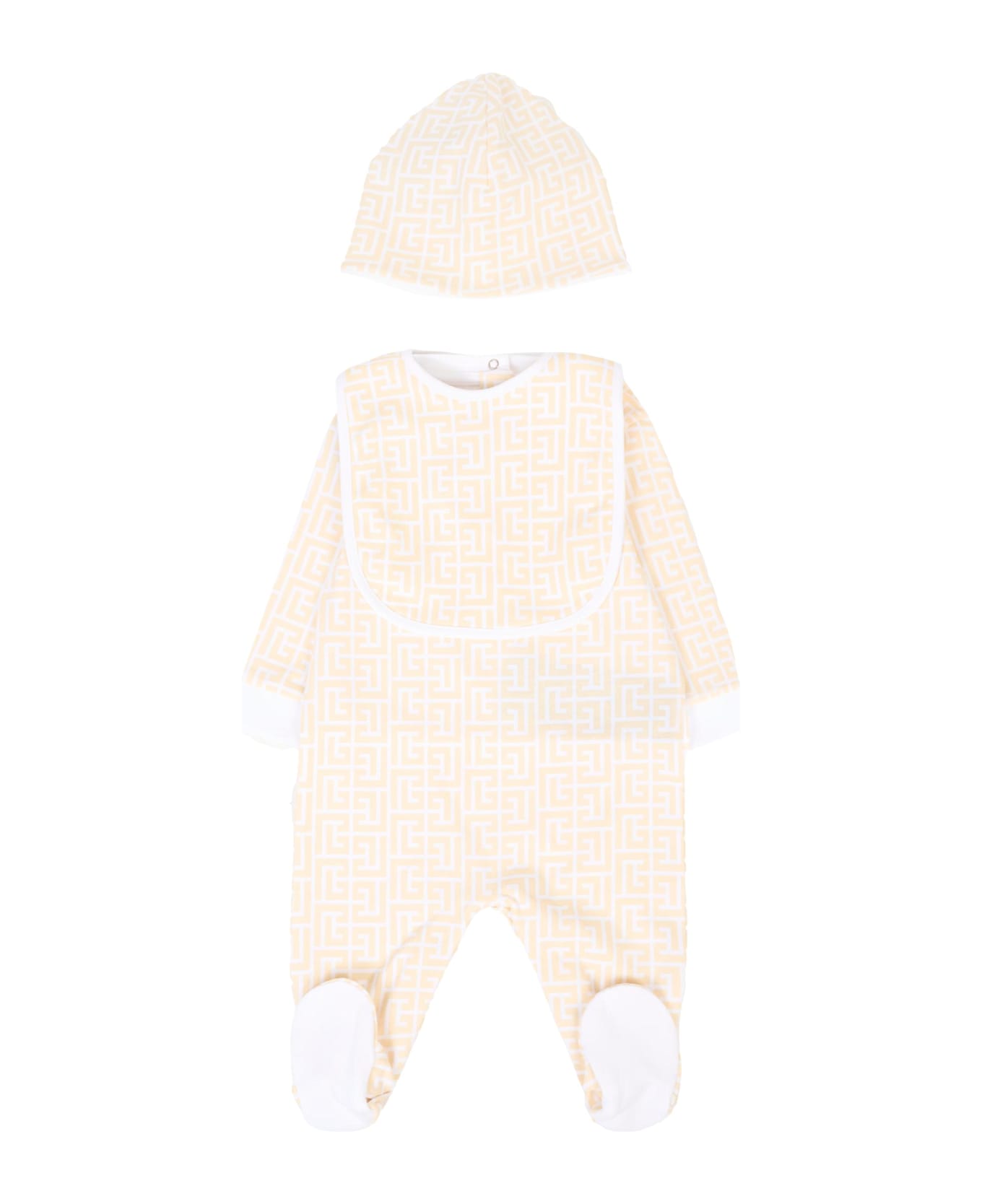 Balmain Beige Babygrow Set For Babykids With Maze - Beige