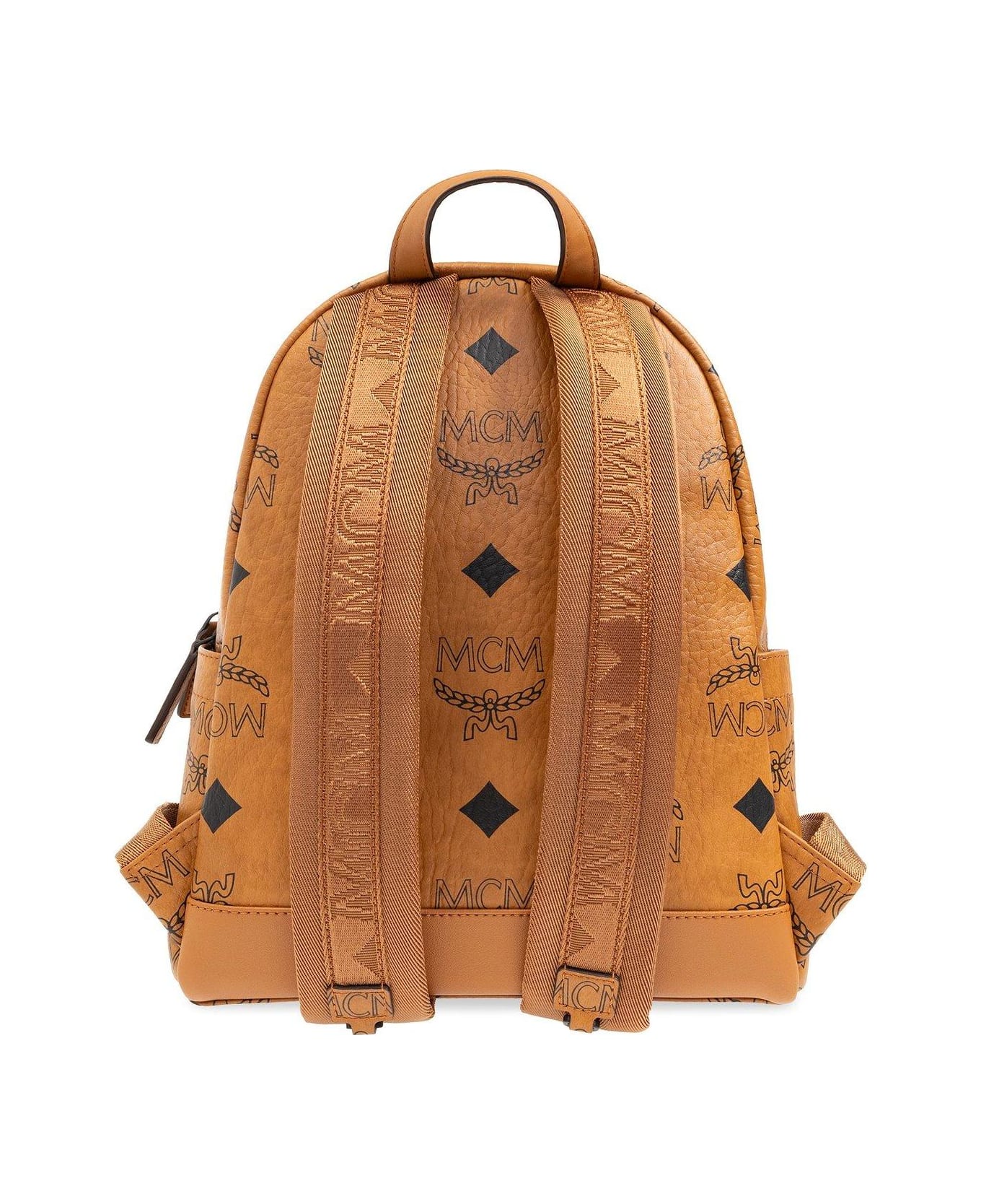 MCM All-over Logo Printed Zipped Backpack - BROWN/BLACK