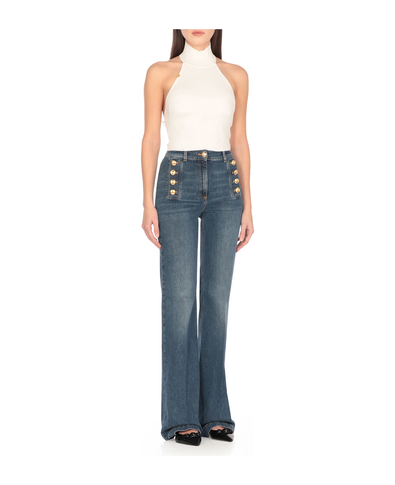 Elisabetta Franchi Top With Logo - Ivory