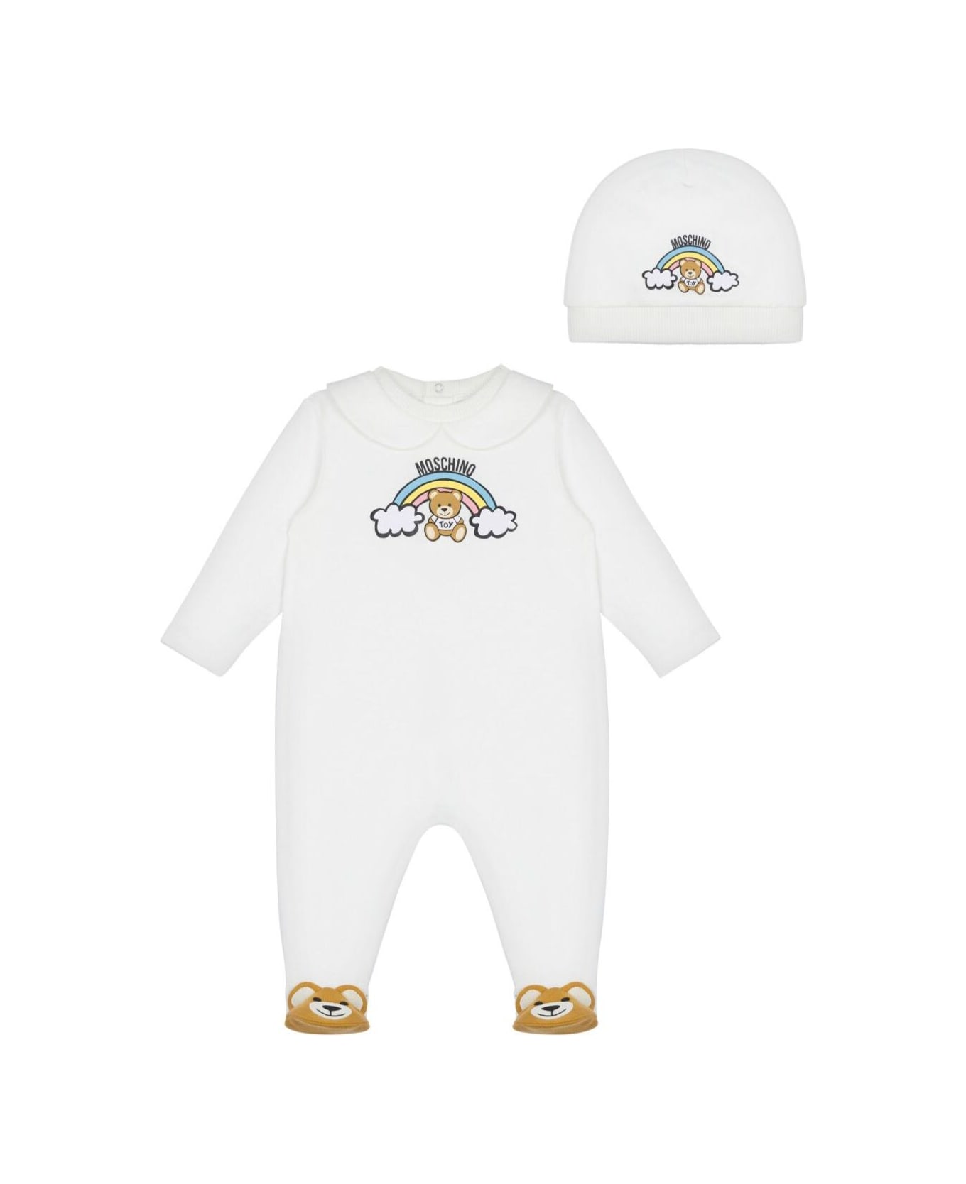 Moschino White Set With One-piece And Beanie With Logo Detail In Cotton Baby - White