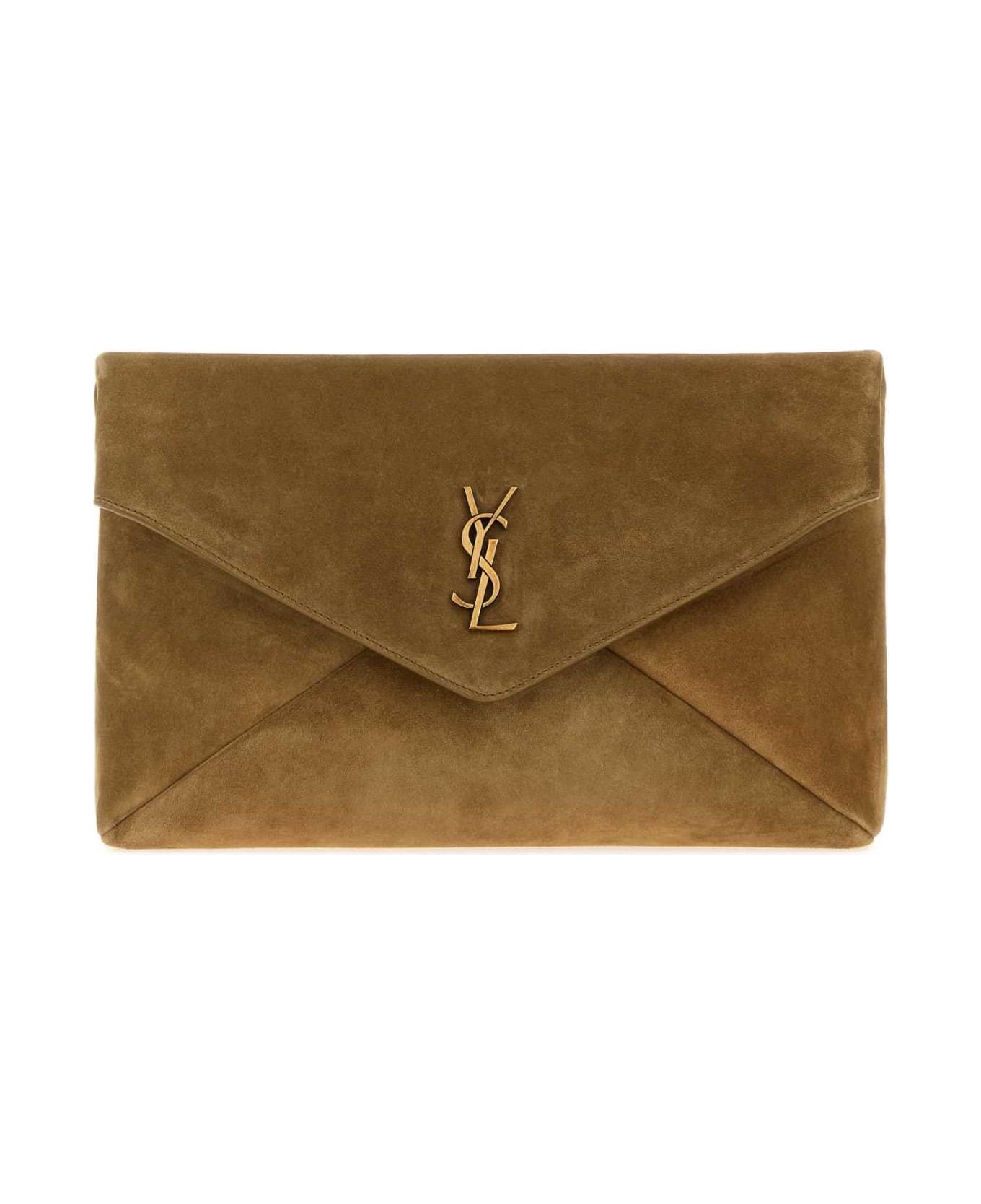 Saint Laurent Camel Suede Large Envelope Clutch - GOLDEN LEAF