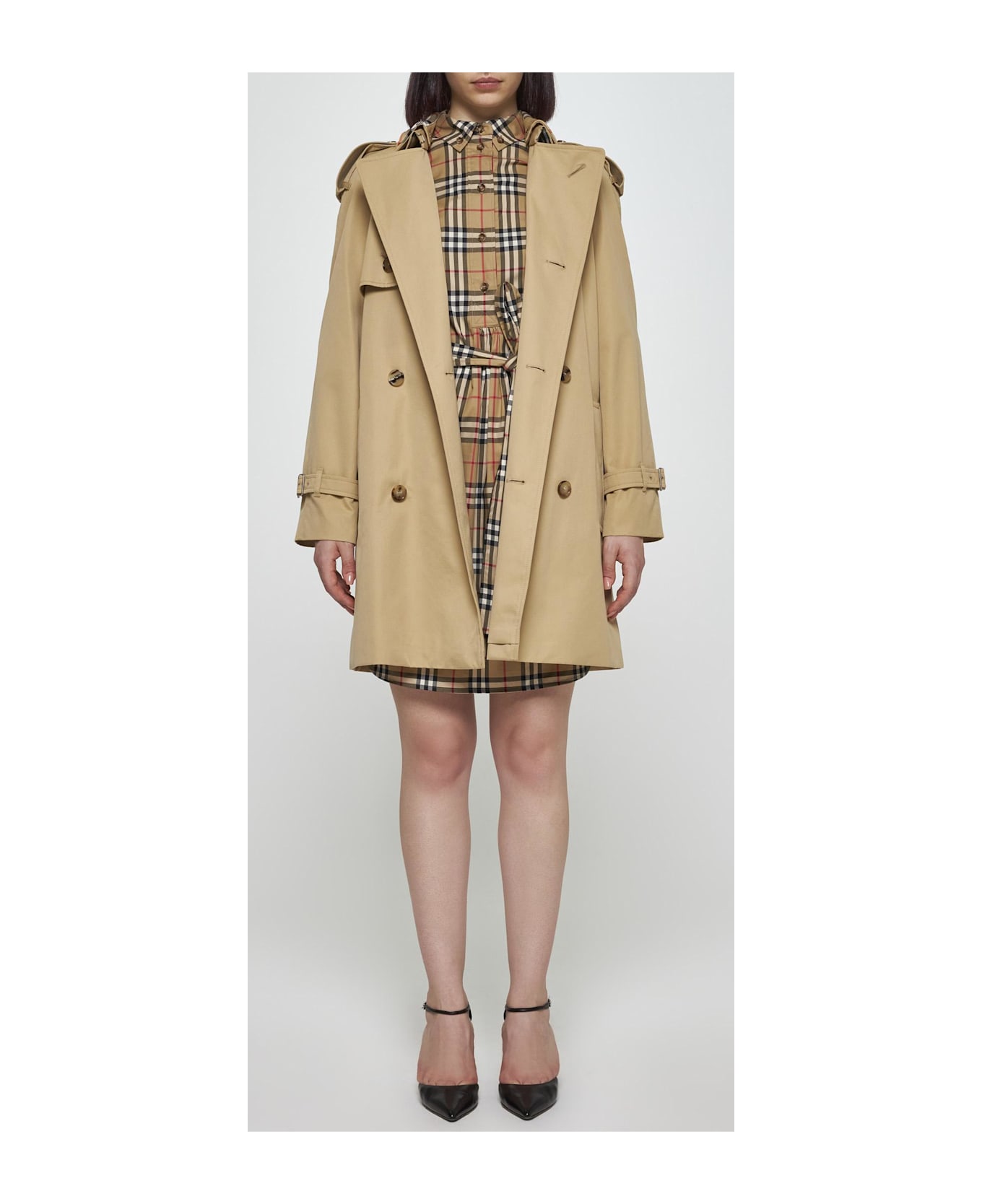 Burberry Cotton Double-breasted Short Trench Coat - Beige