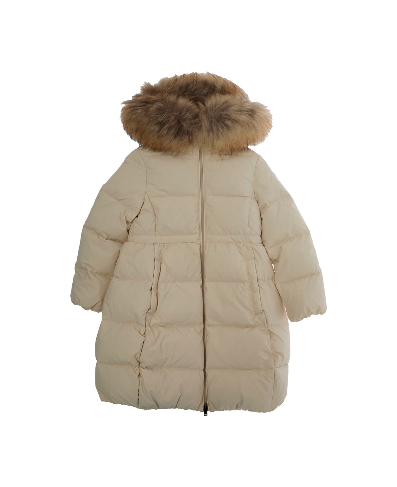 Il Gufo Beige Down Jacket With Fixed Hood And Logo Lettering Embroidery On The Sleeve In Tech Fabric Girl - Beige
