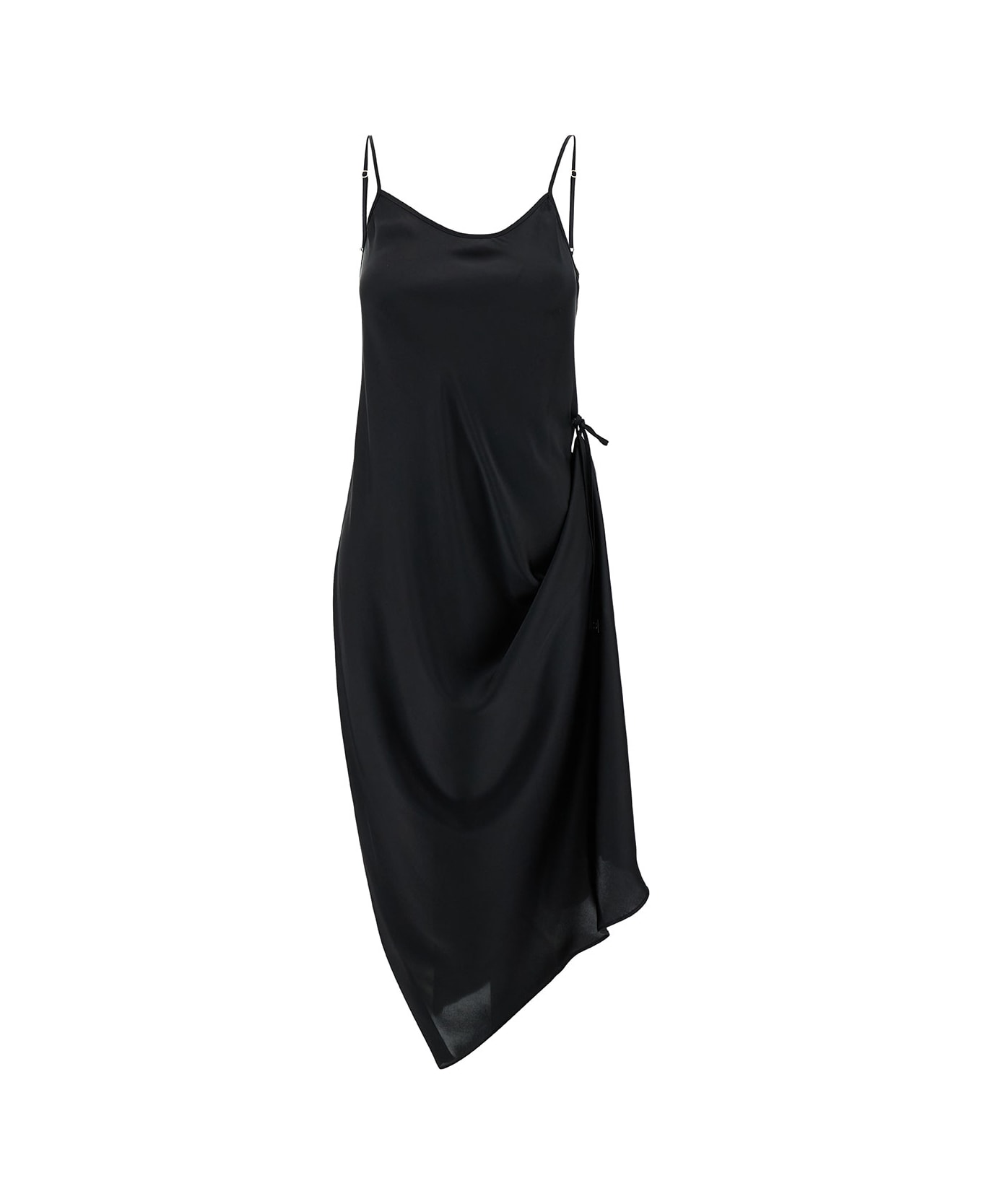 Low Classic Black Midi Slip Dress With Drawstring In Light-weight Fabric Woman - Black