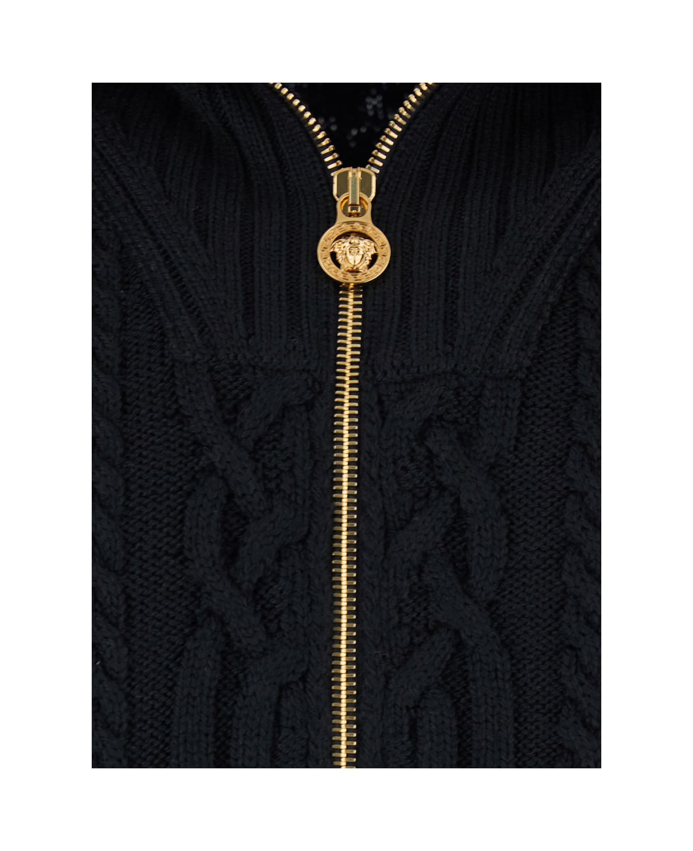 Versace Black Turtleneck Sweater With Zip Closure And Medusa Head Embroidered On The Back In Virgin Wool Man - Black