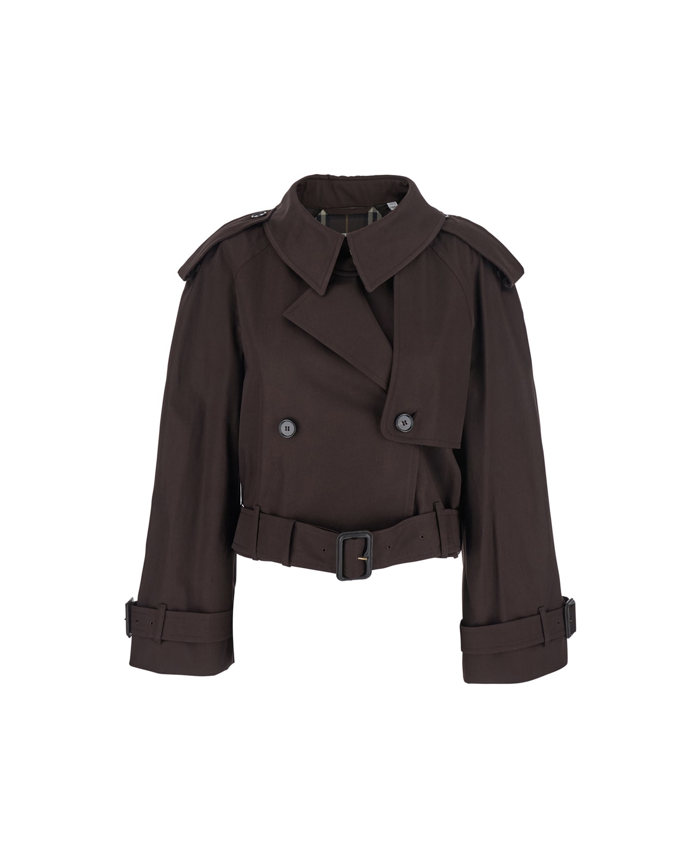Burberry Brown Double-breasted Cropped Trench Coat With Waist Belt In Cotton Woman - Brown