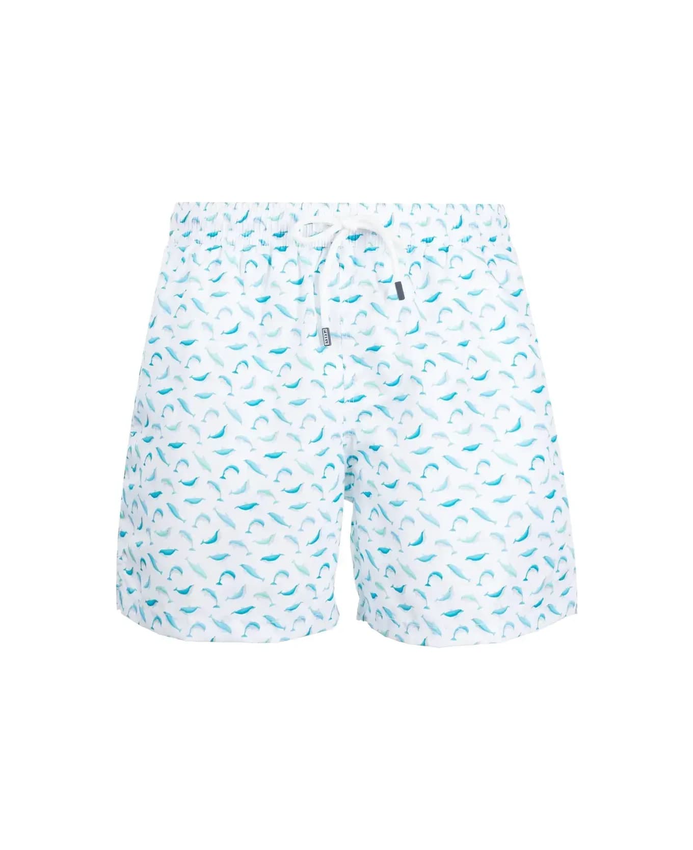 Fedeli White Swim Shorts With Blue Dolphin Pattern - White スイムトランクス