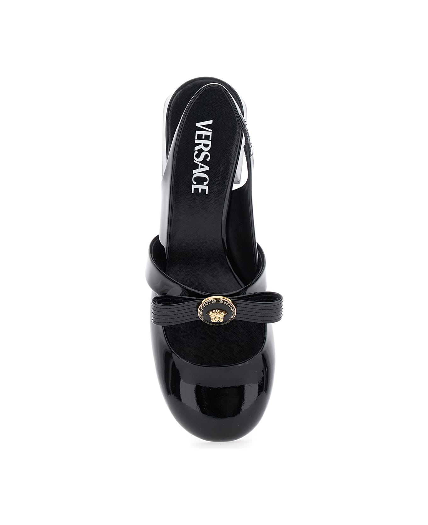 Versace Black Ballerina Shoes With Heel And Medusa Detail On The Front In Shiny Leather Woman - Black