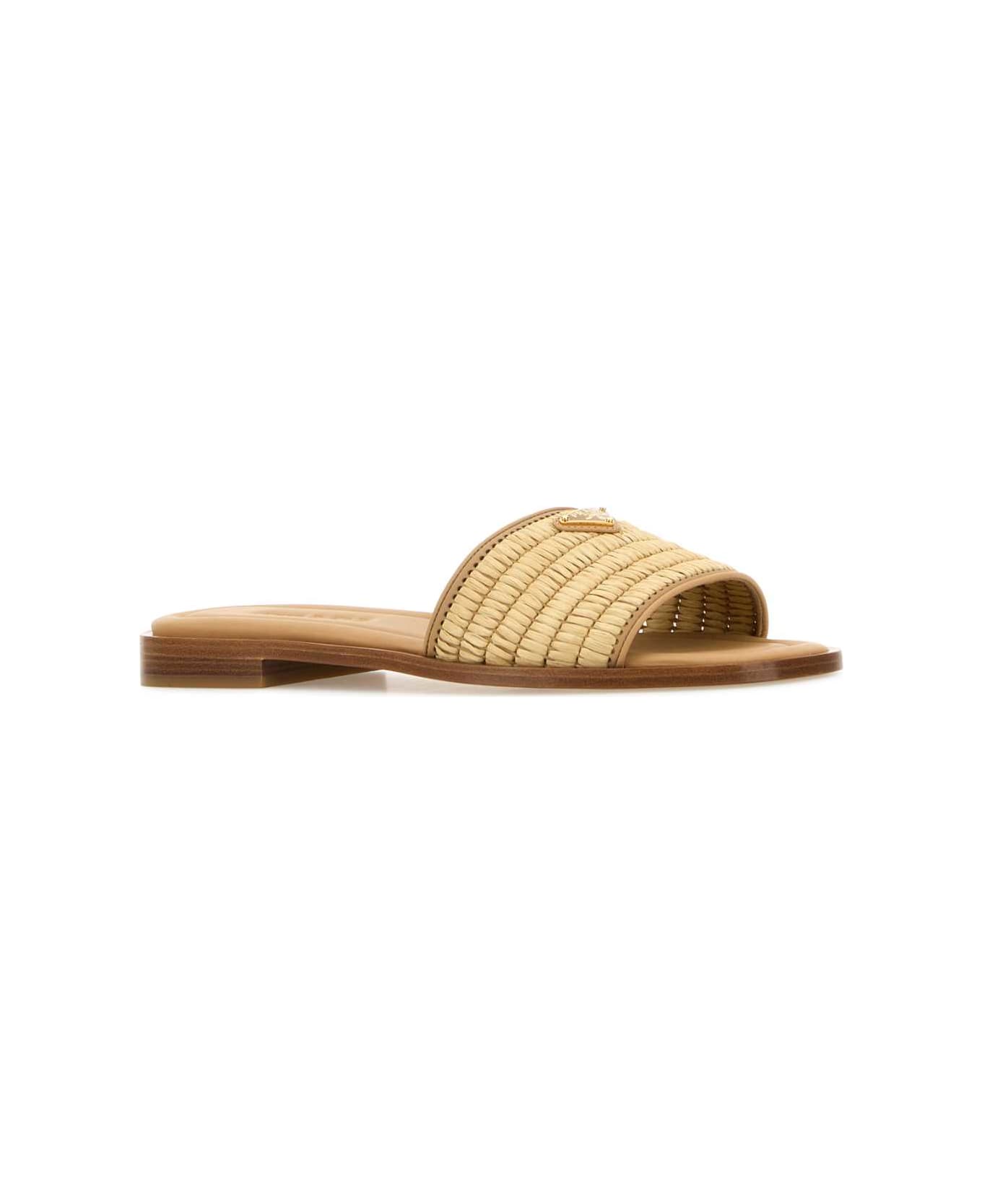 Prada Beige Raffia And Leather Slippers - NATURALE