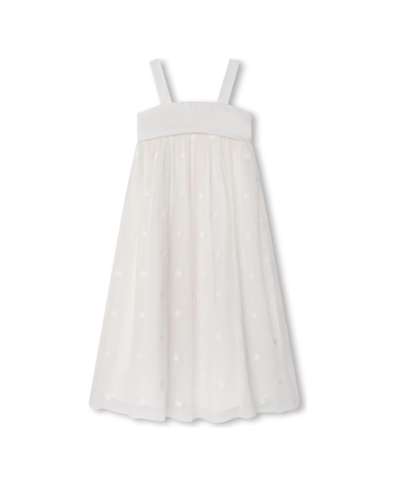 Chloé White Empire Line Dress With Tonal Print In Cotton Girl - White