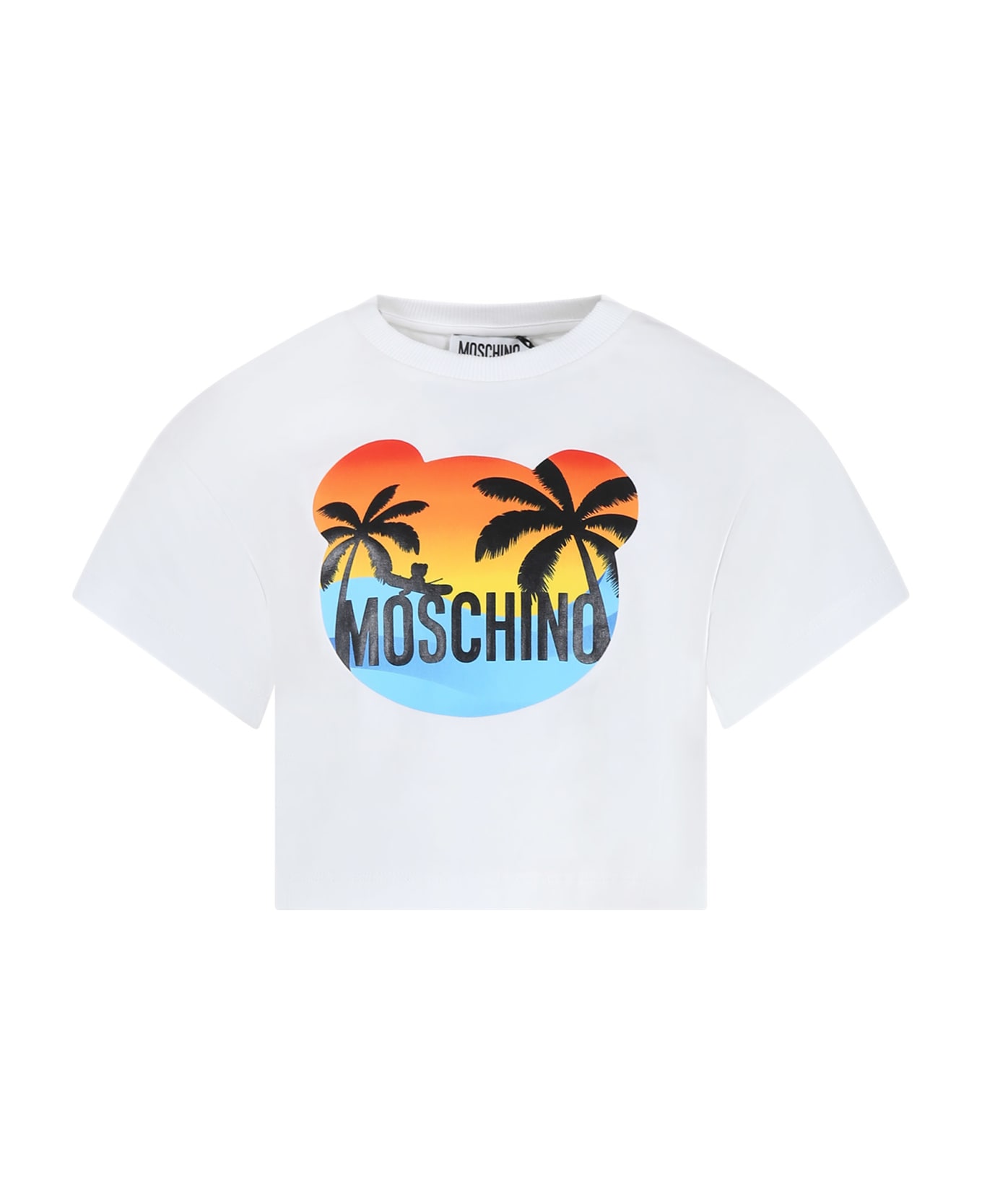 Moschino White T-shirt For Girl With Multicolor Print And Logo - White
