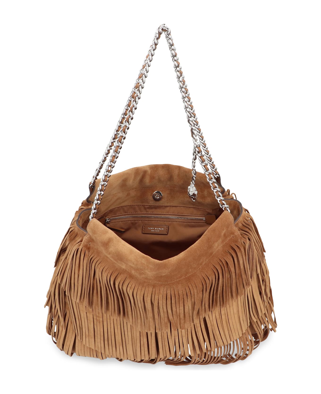 Tory Burch Hobo Bag Fleming In Suede With Fringes - Brown