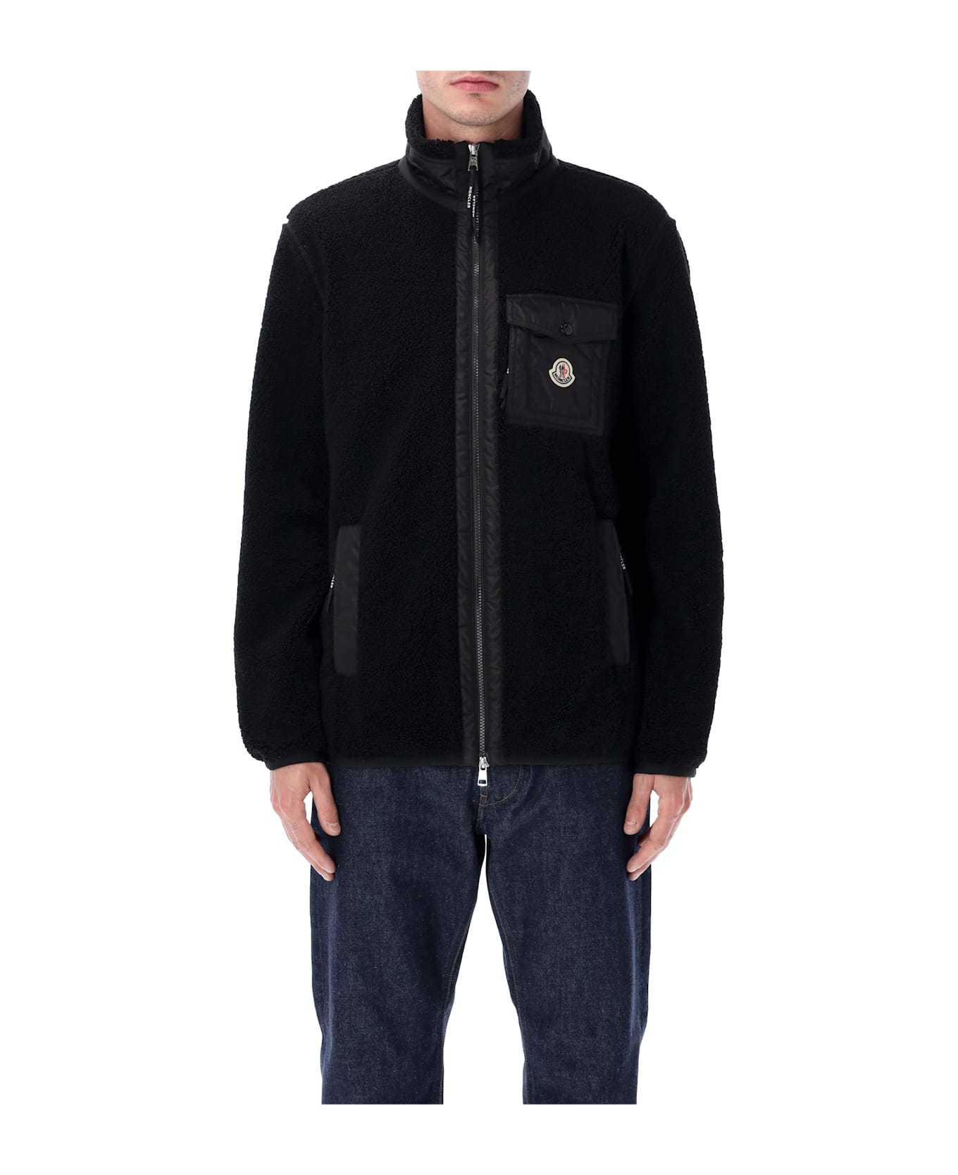 Moncler Teddy Zip-up Sweatshirt With Nylon Pocket - BLACK