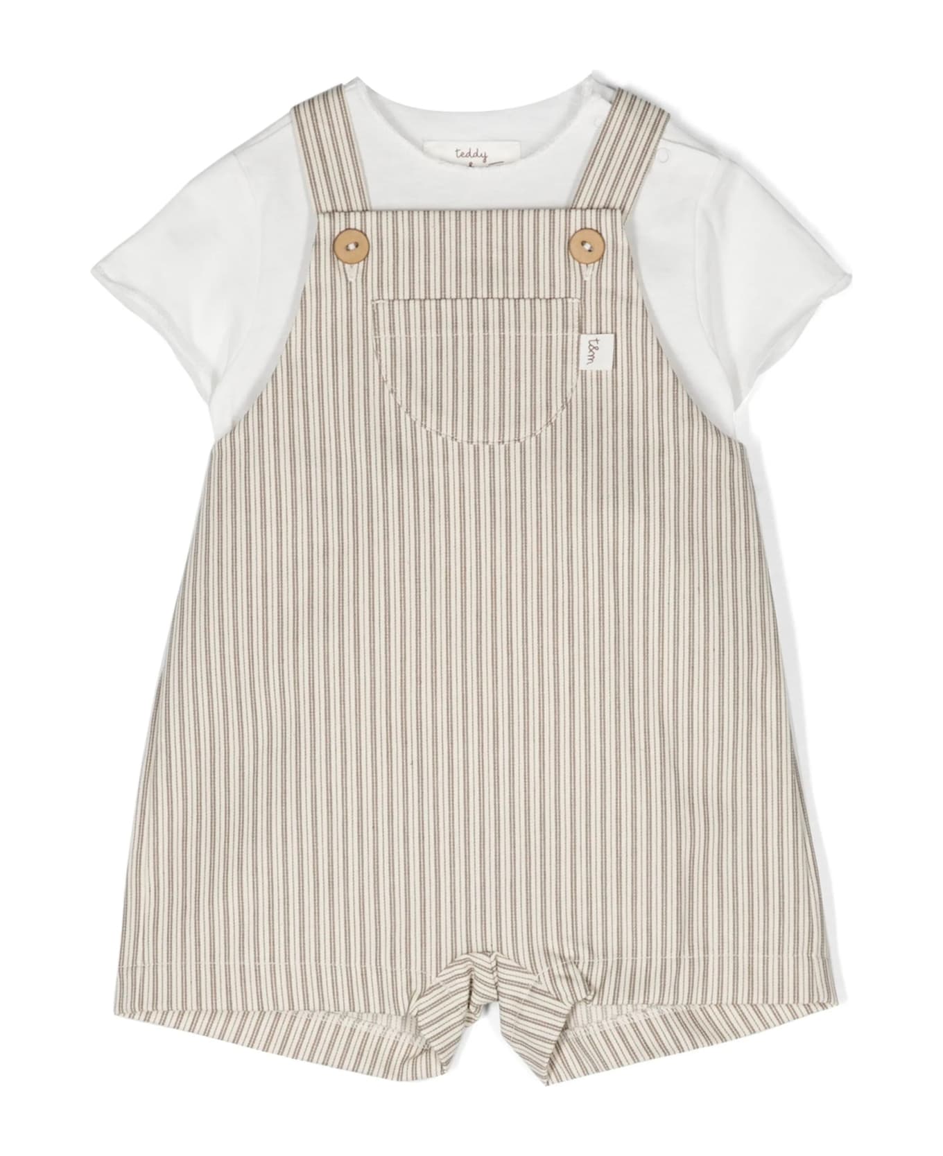 Teddy & Minou Two Piece Set With Striped Dungarees In Beige - Brown